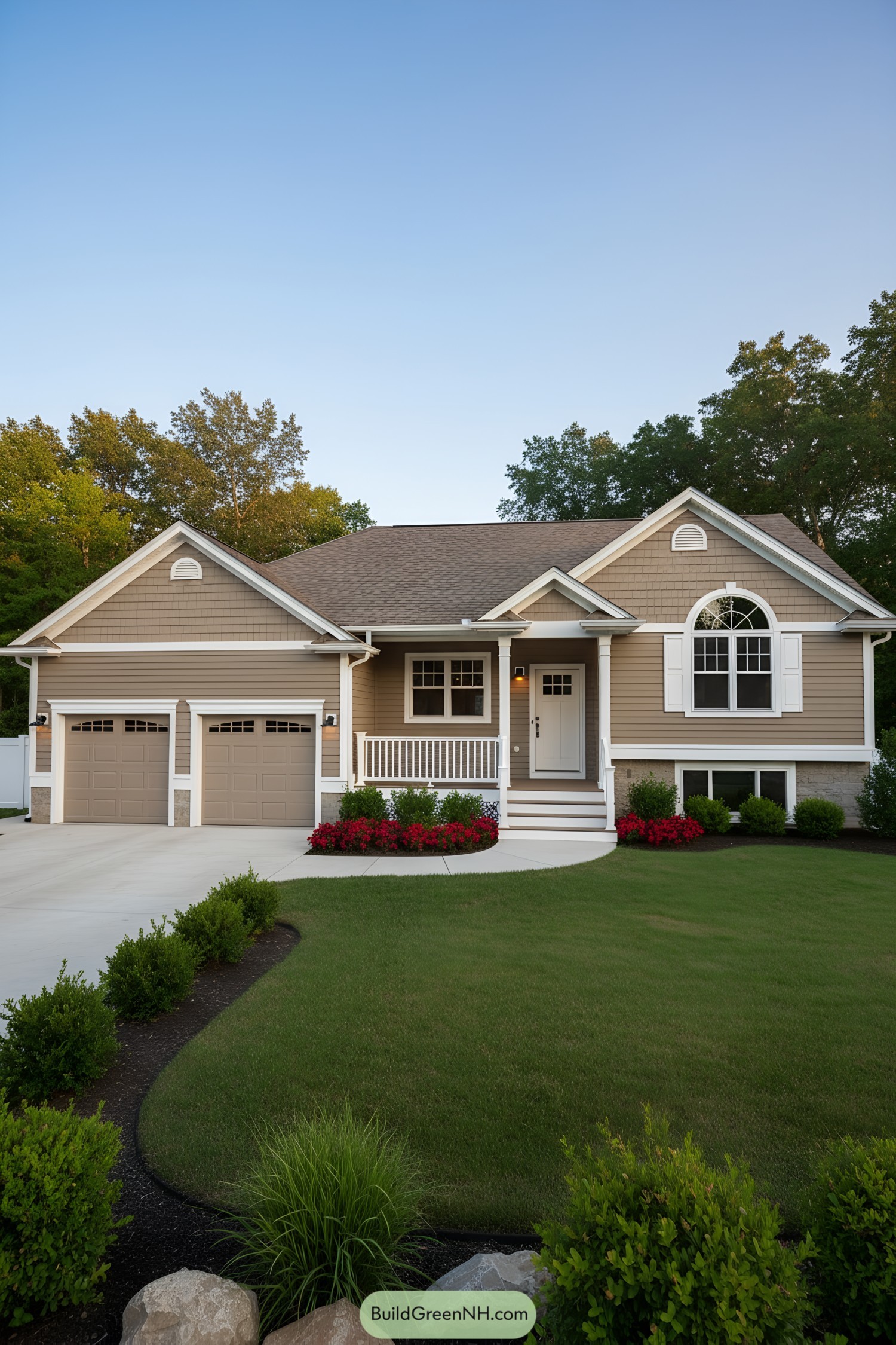 Single-story tan house with porch and two-car garage