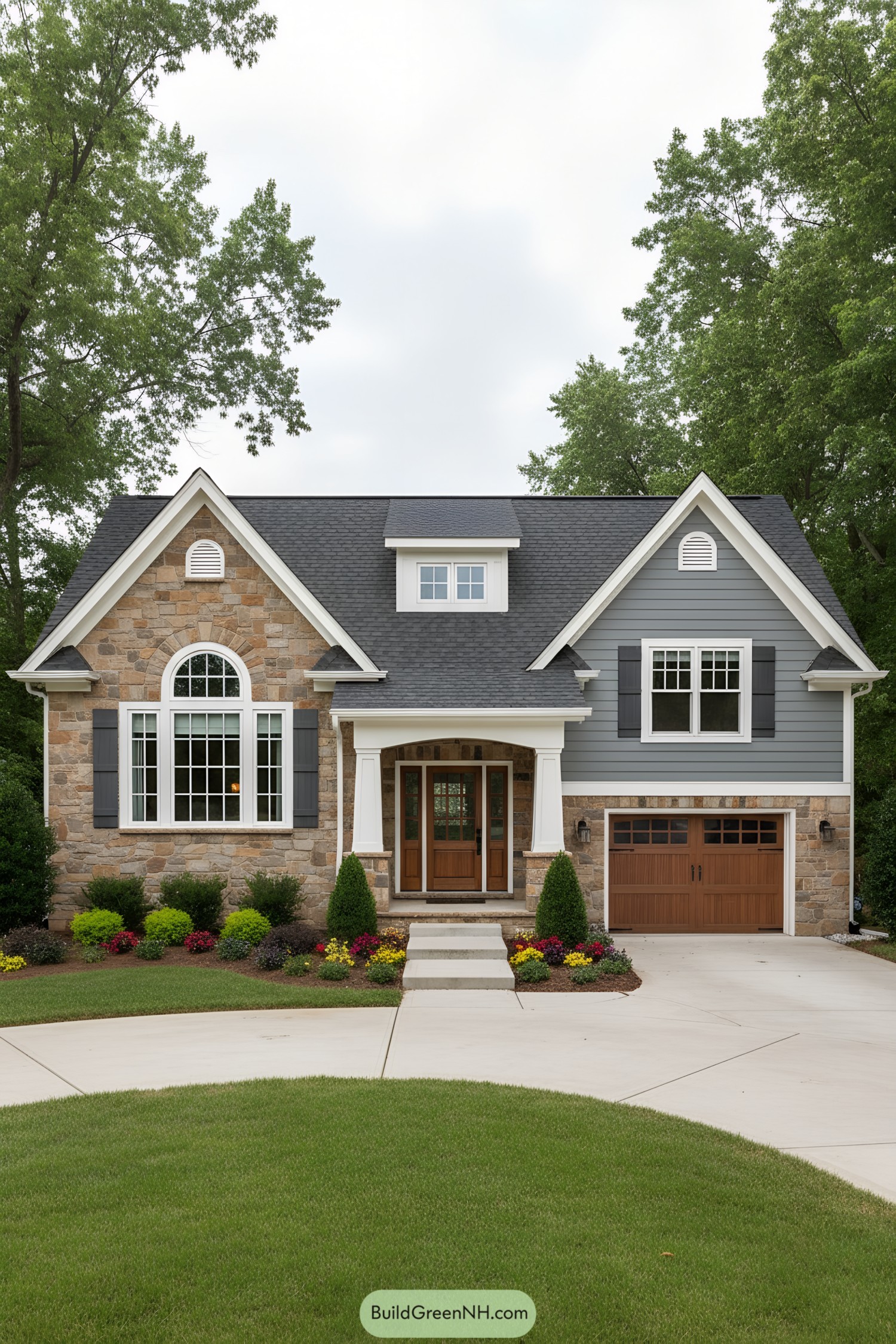 Stone and gray siding cottage with arched window gables and wood accents