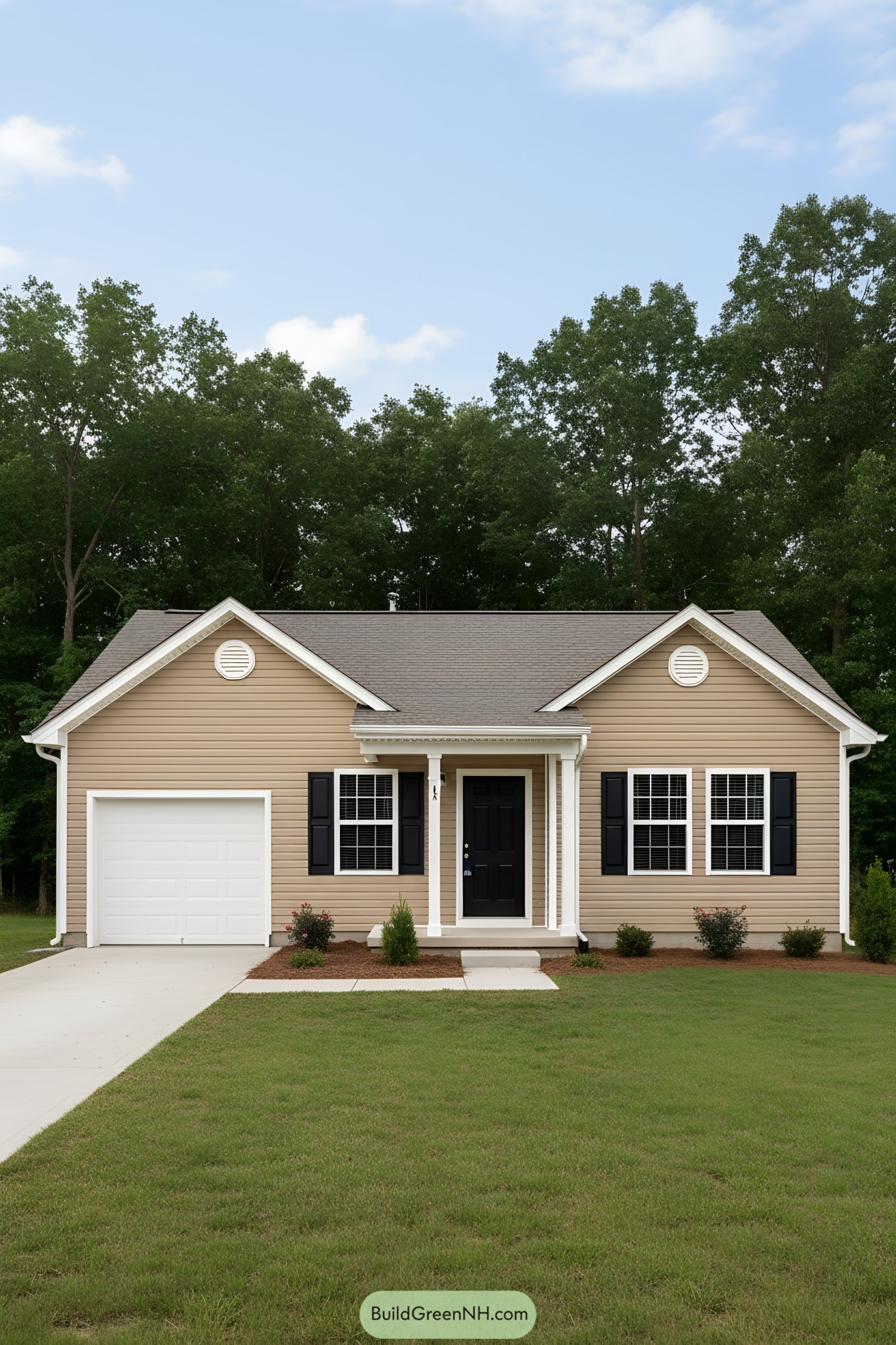 Tan single‑story house with black door, black shutters, small porch, and attached one‑car garage