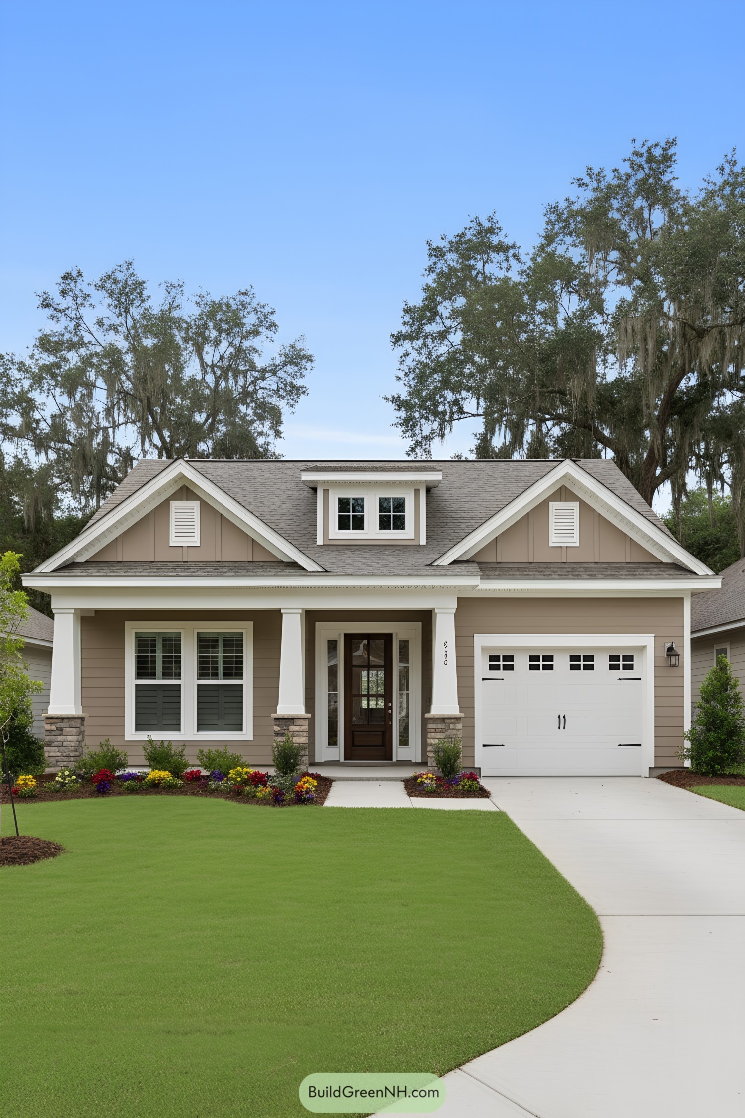 One-story taupe craftsman house with white porch columns, dormer, and single-car garage