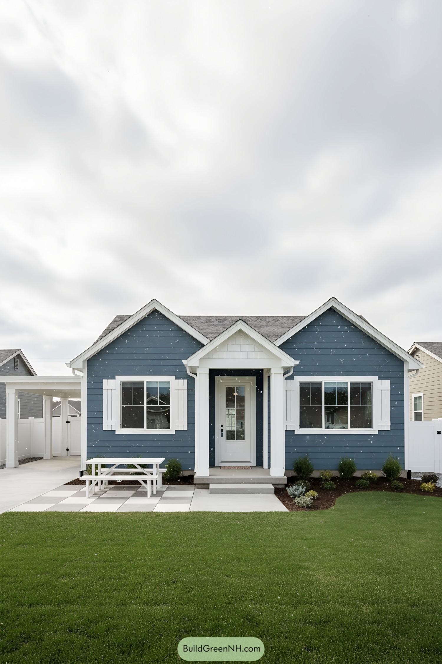 Blue one‑story house with white trim and shutters