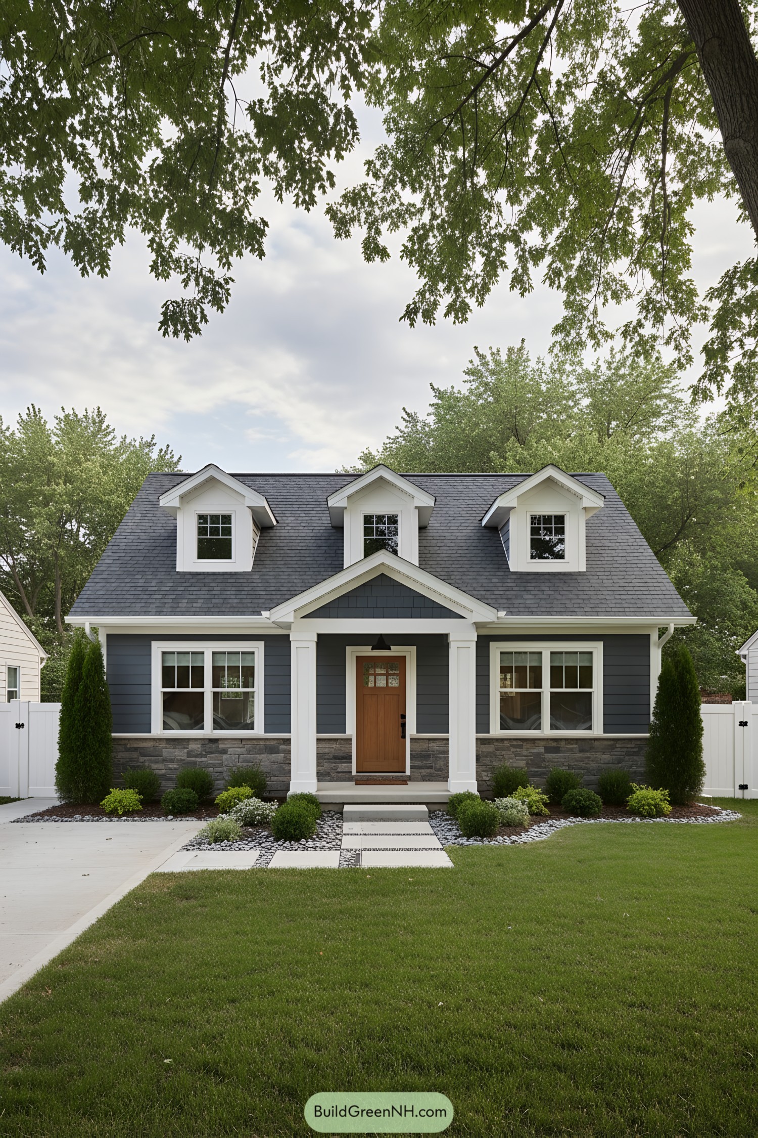 Blue bungalow with dormers and stone base
