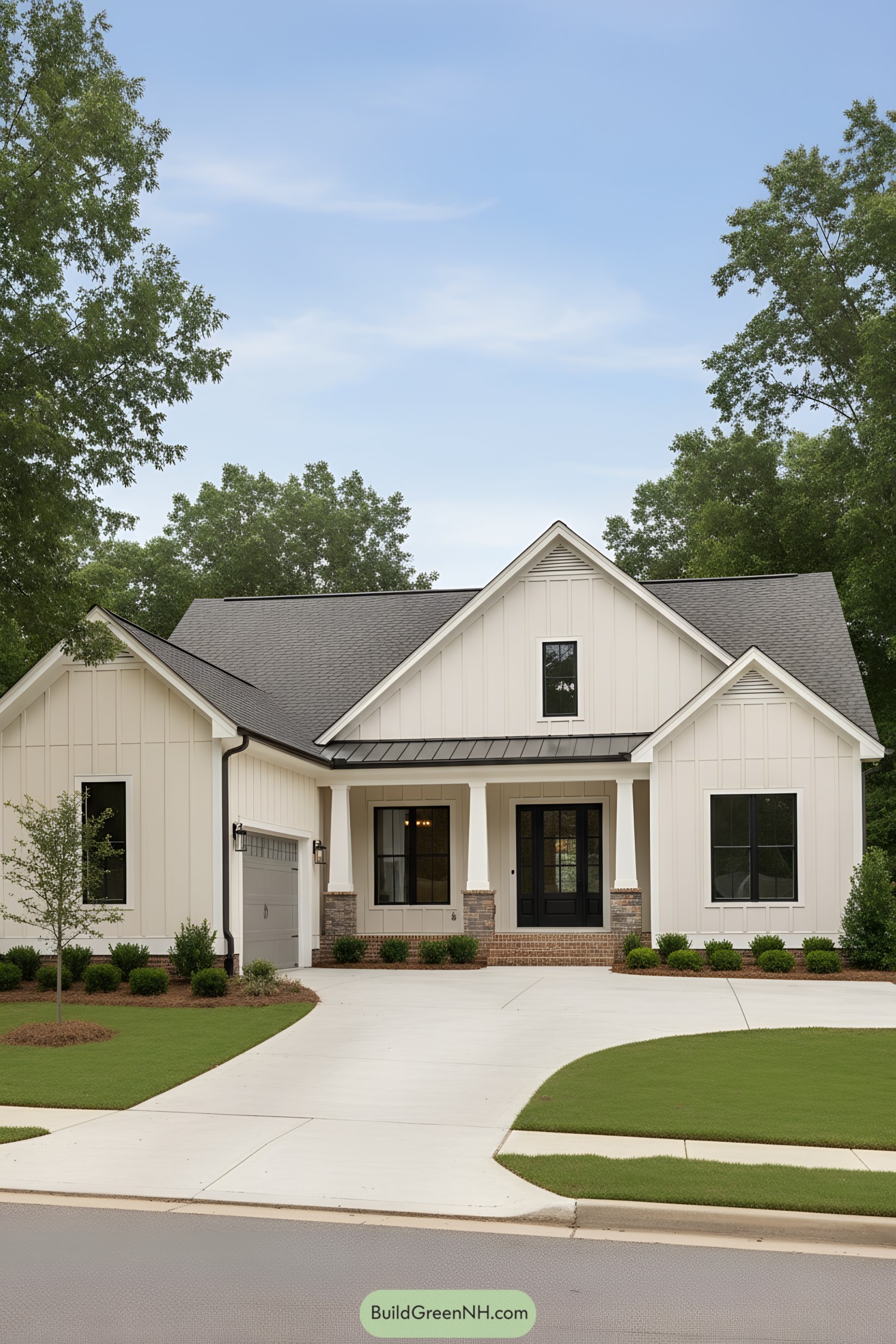 One-story cream board-and-batten house with black windows, front porch, brick steps, and attached single garage