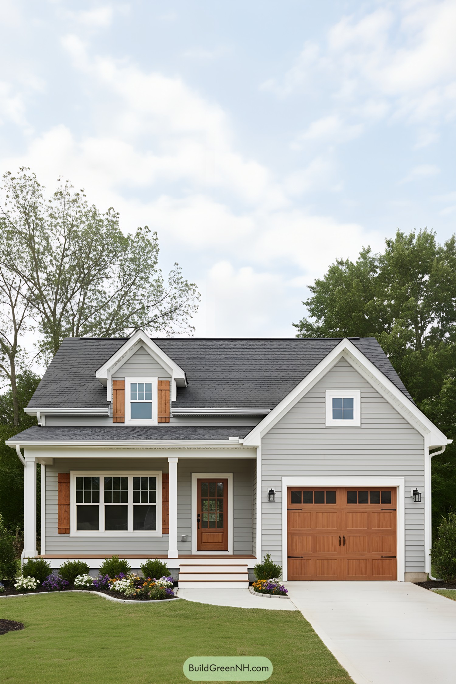 Gray clapboard bungalow with dormer and cedar accents