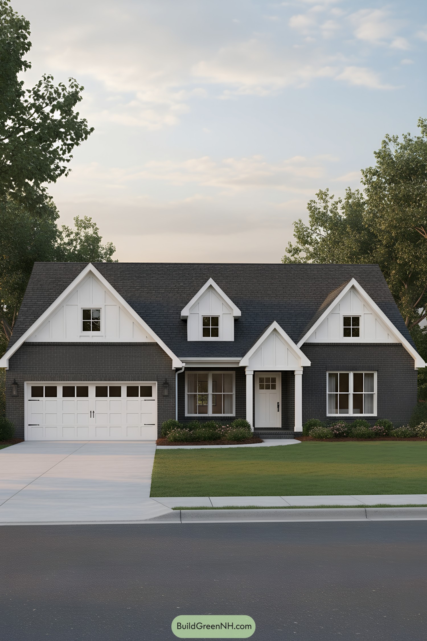 Single-story black brick house with white trim and gables