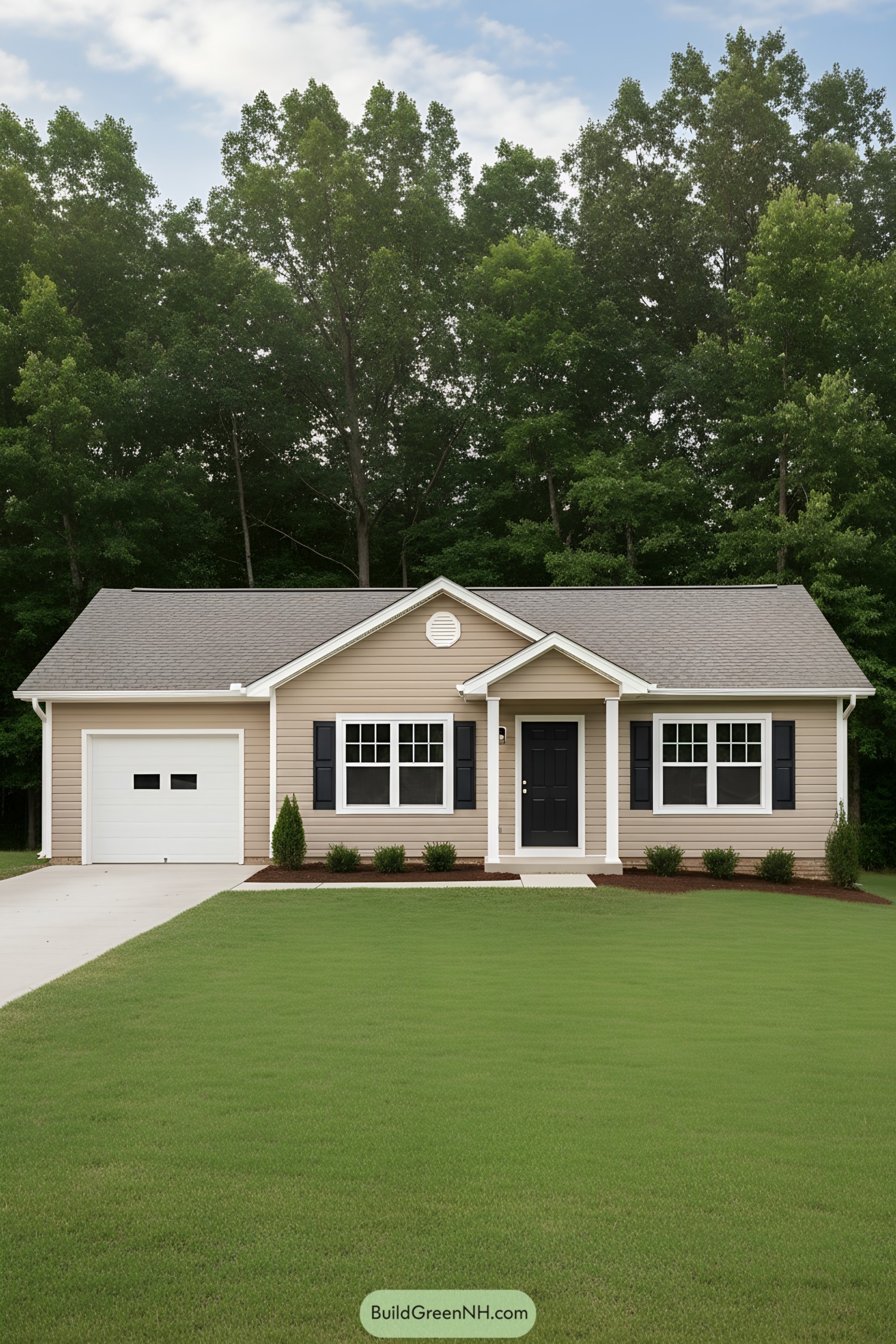 Single‑story tan bungalow with black shutters and small covered entry beside a one‑car garage