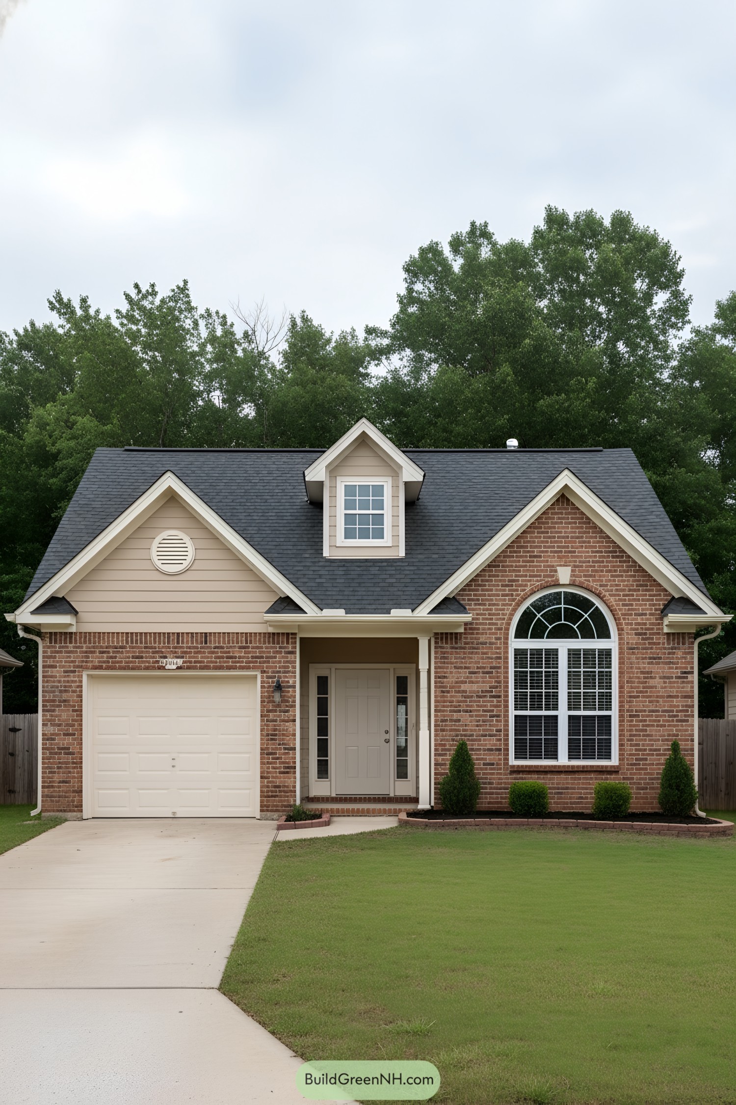 Single-story brick cottage with arched window, dormer, and attached garage