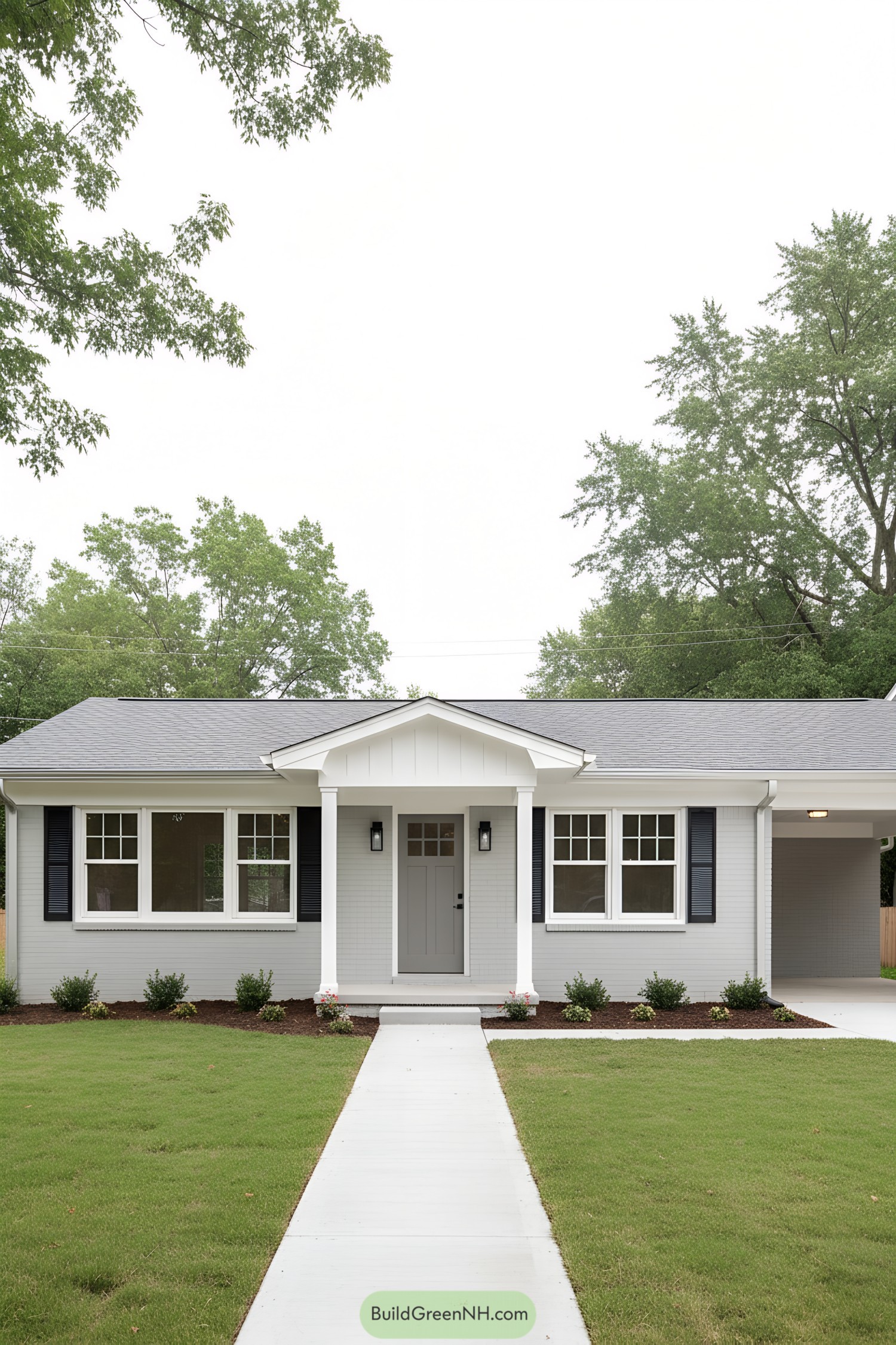 Light gray painted brick ranch with white gable porch black shutters and a carport