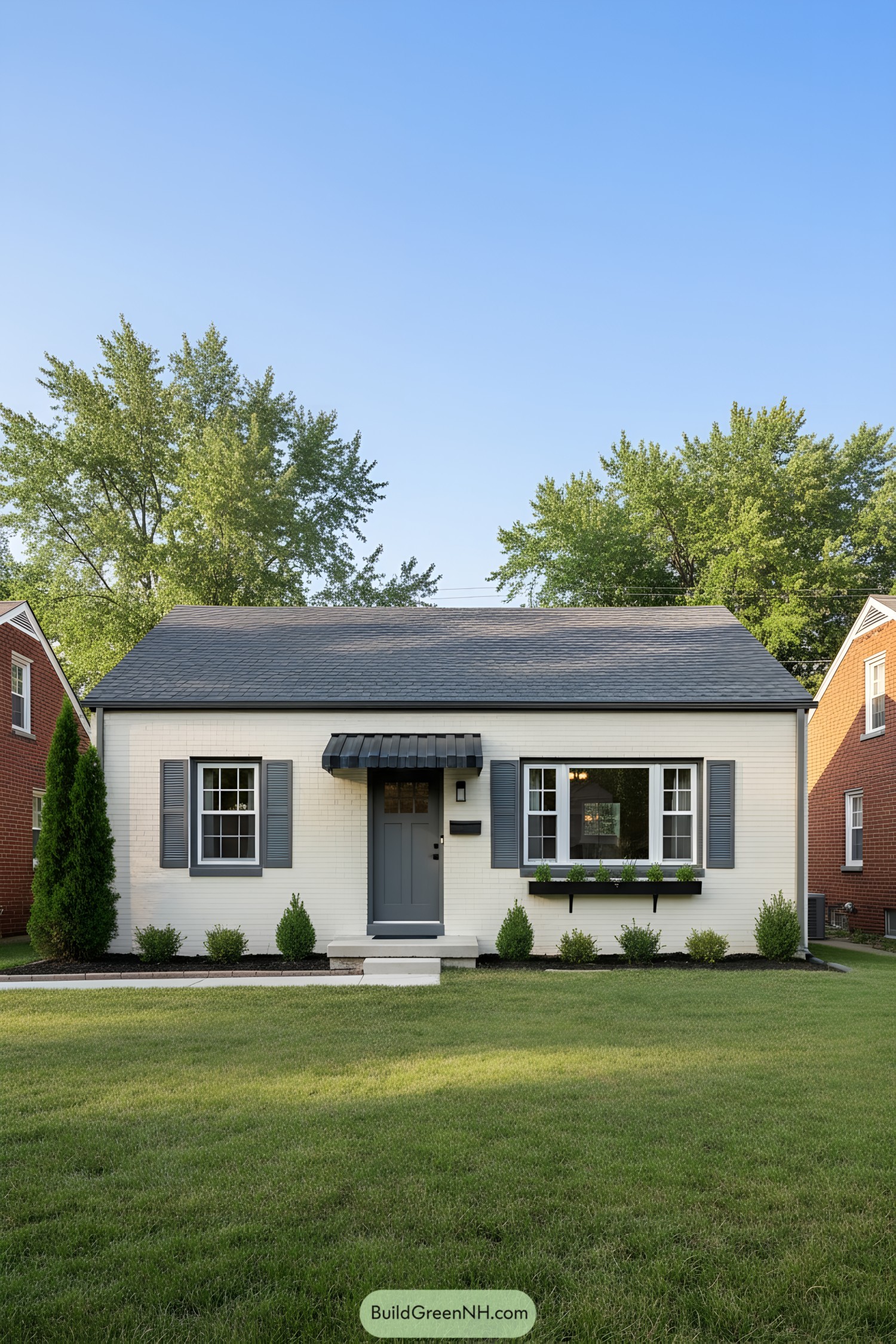 Cream brick ranch with gray shutters, slate awning, and tidy front landscaping