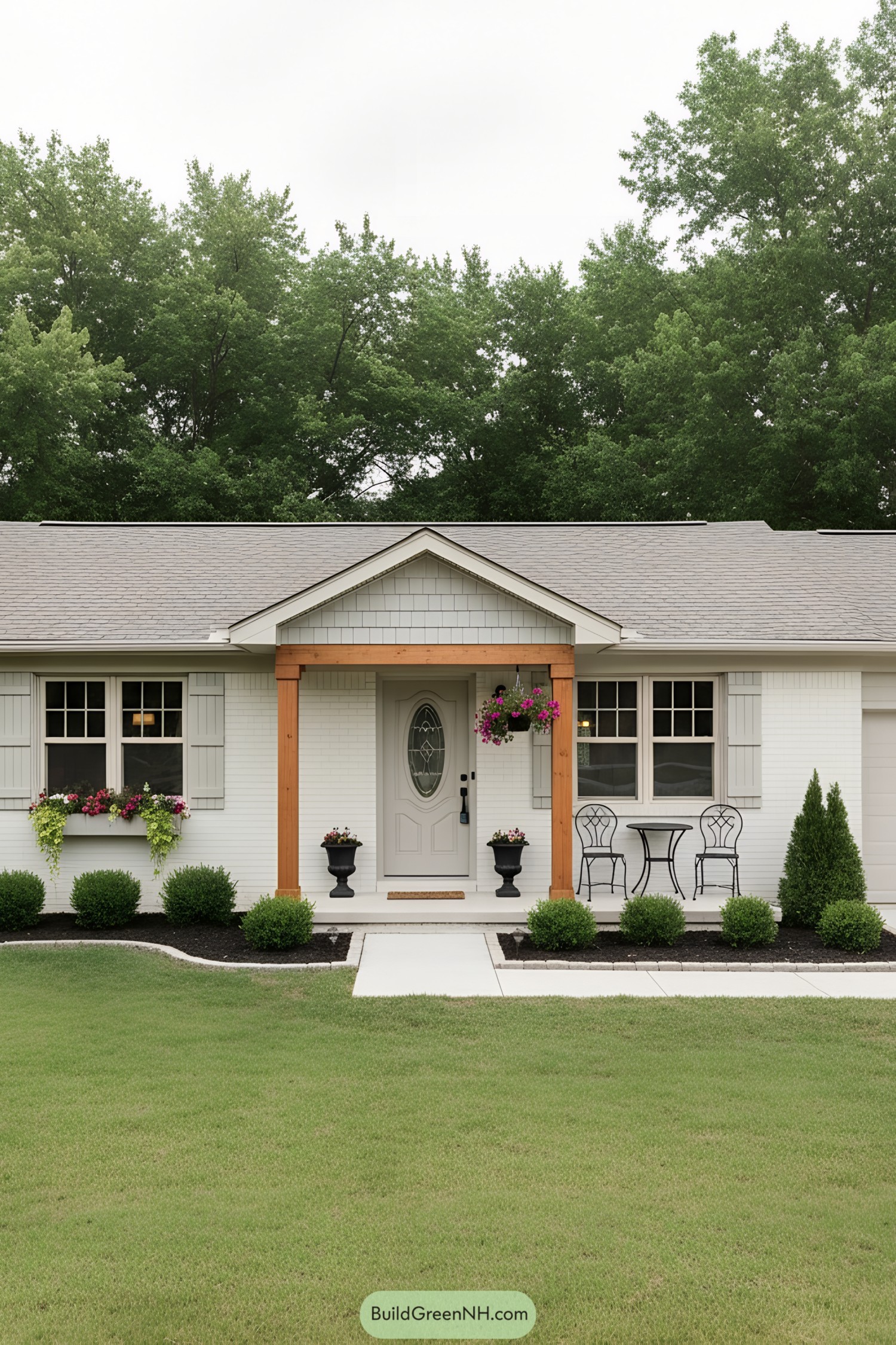 Cream brick ranch with wood porch posts and gray shutters