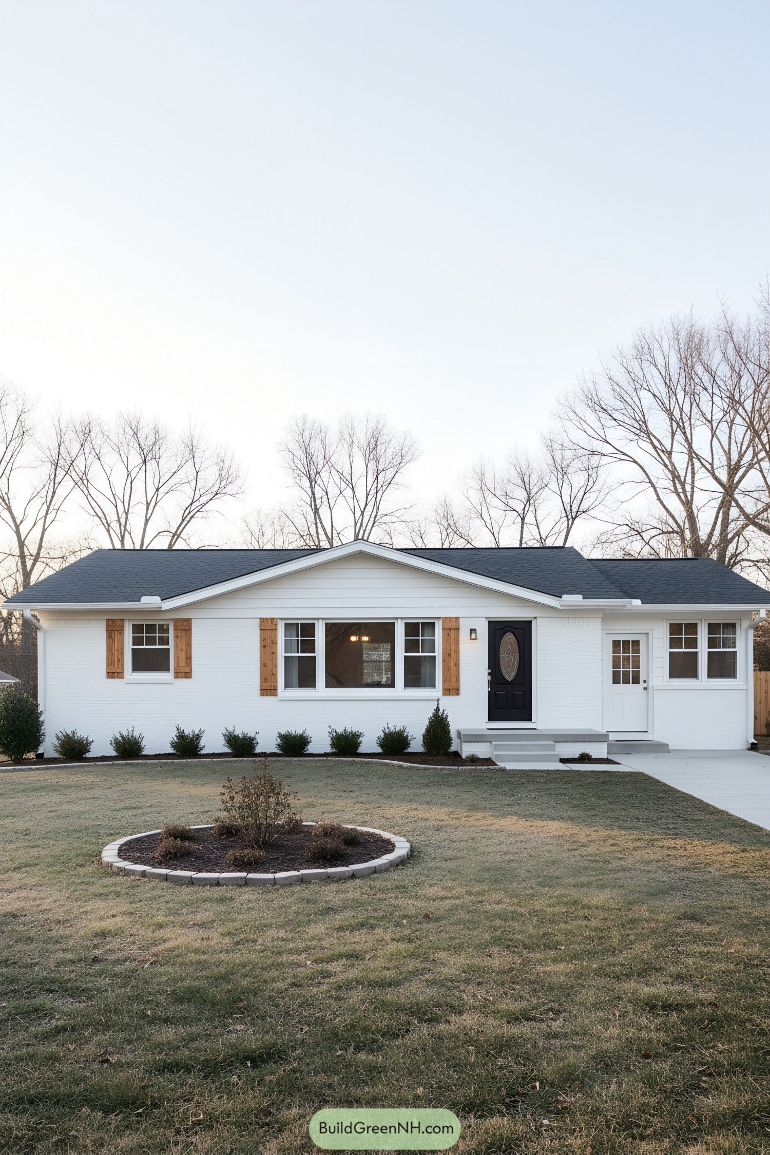 White brick ranch with natural wood shutters and black front door