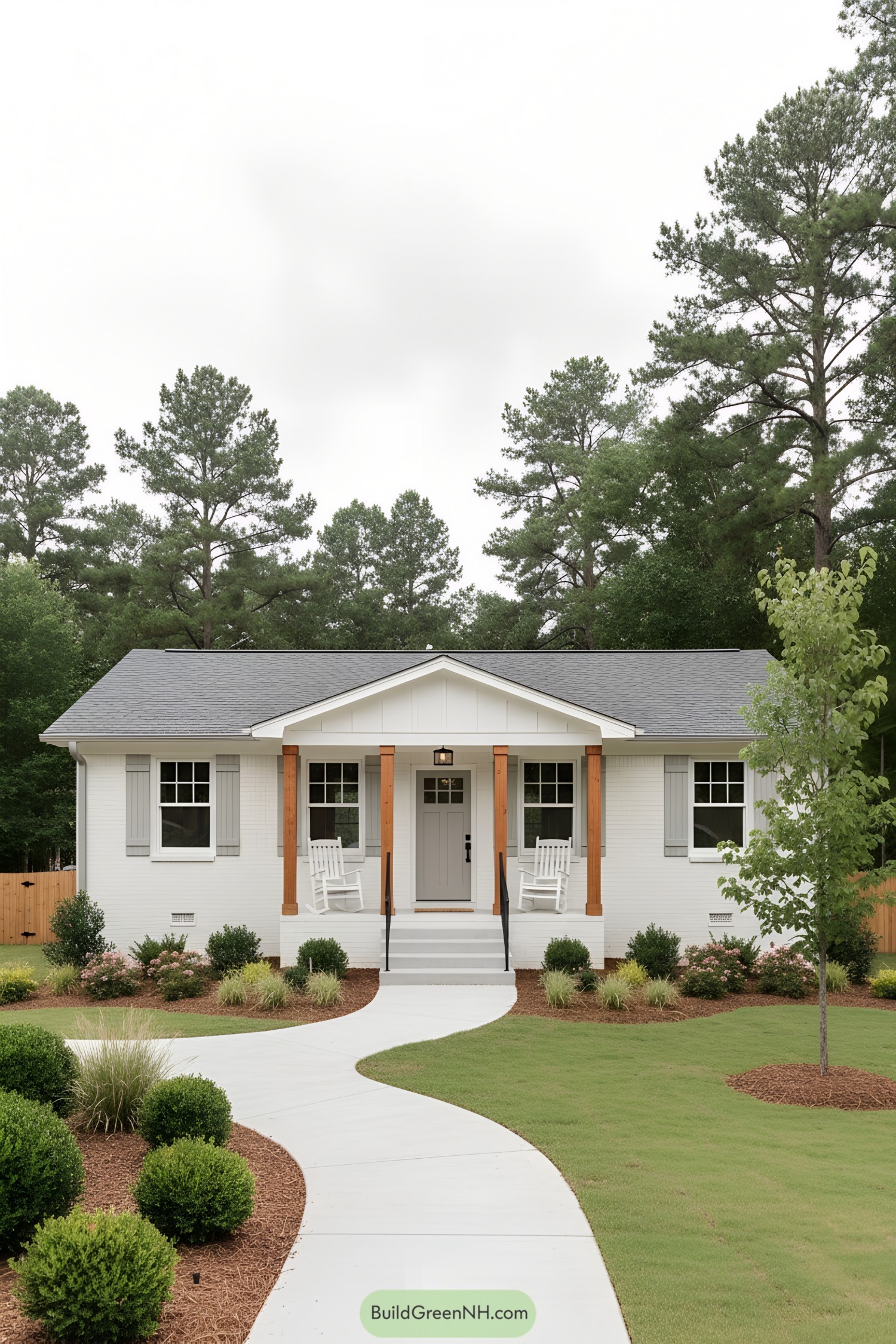 White brick ranch with cedar posts and gray shutters