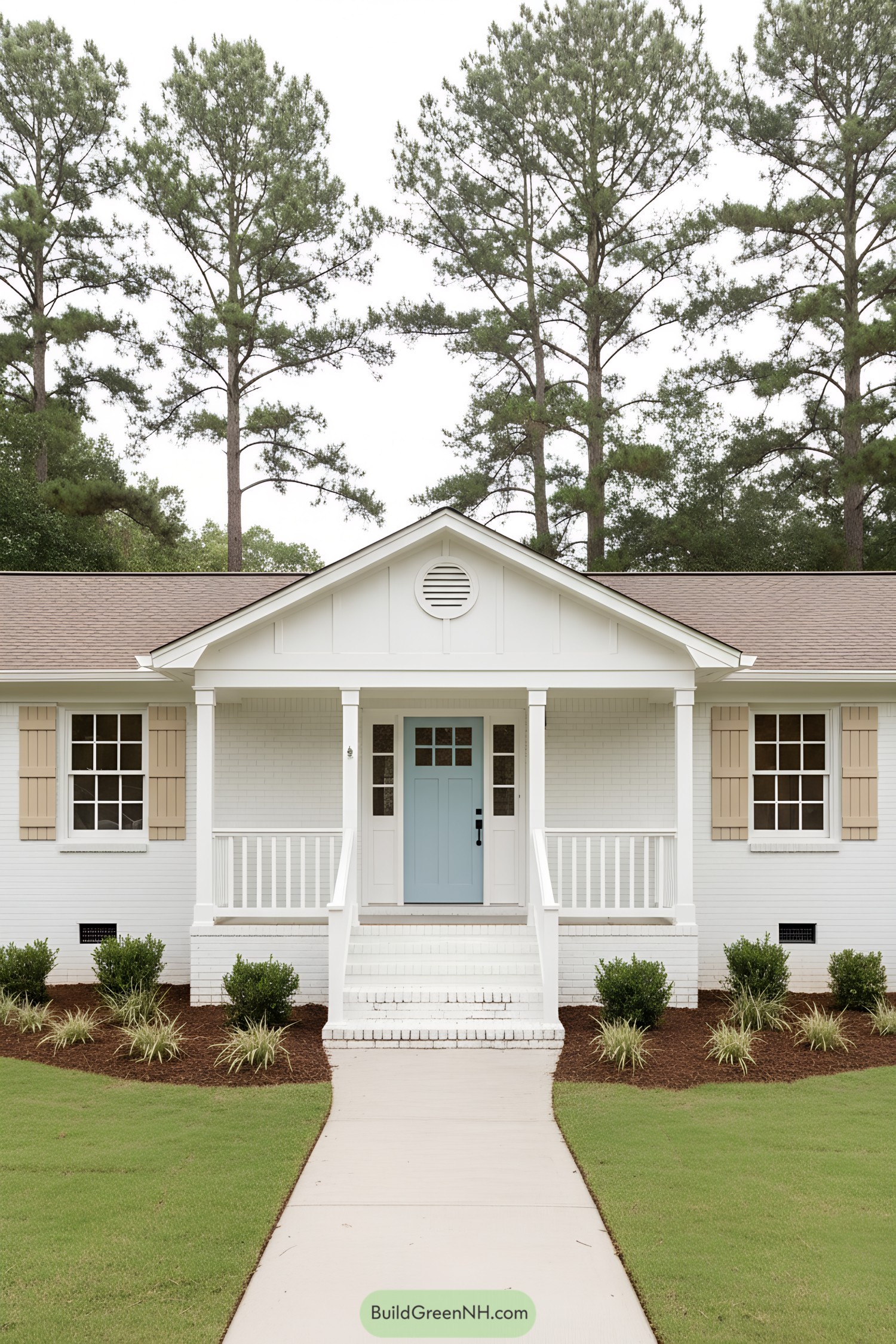 White brick ranch with pale blue door, tan shutters, and tidy front porch beneath a gabled roof