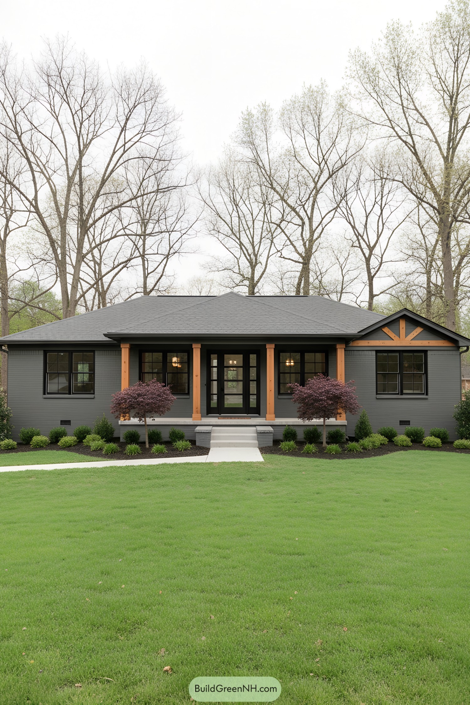 Dark gray painted brick ranch with natural wood posts and black windows