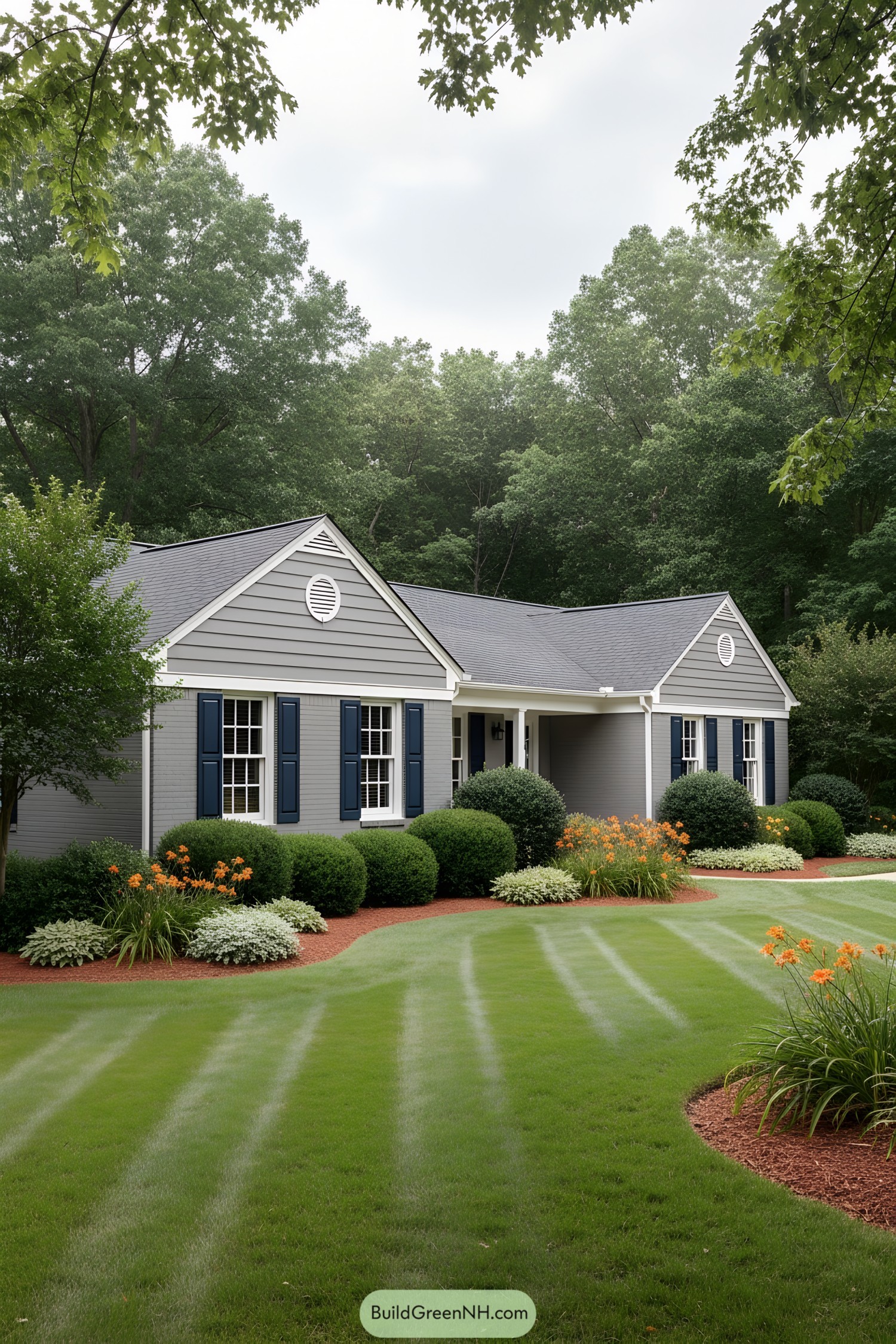 Gray brick ranch with navy shutters and tidy landscaping