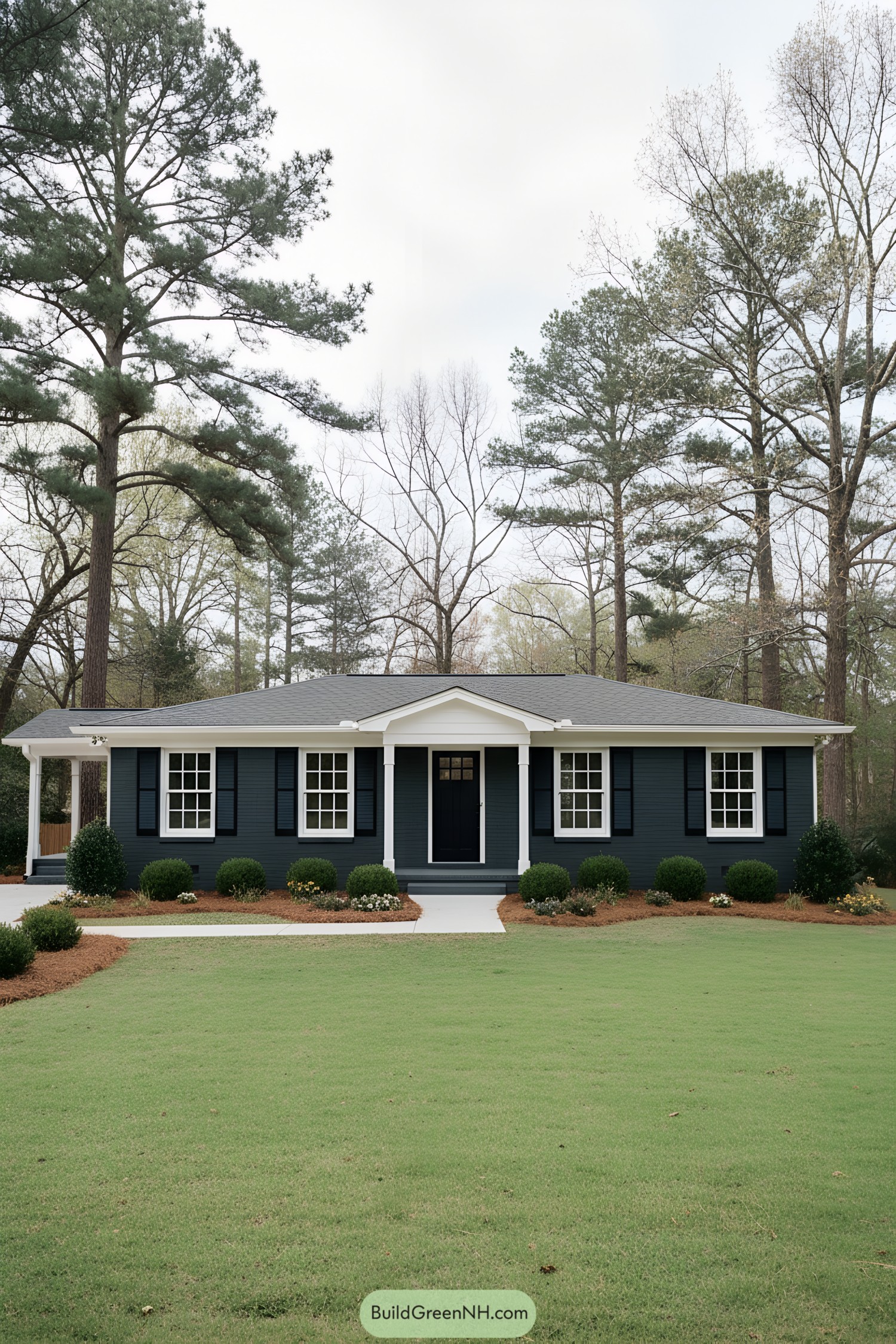 Dark navy-painted brick ranch with white trim, centered portico, and black shutters framed by tidy foundation shrubs