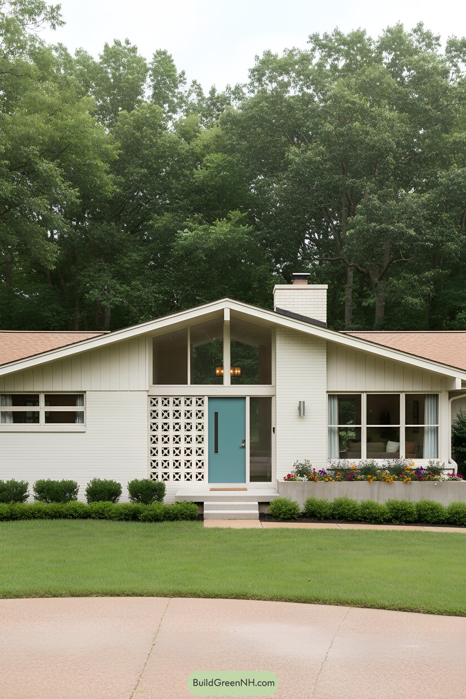Cream-painted brick ranch with teal door, breeze-block screen, and large gable windows; colorful flower bed and boxwood hedges in front