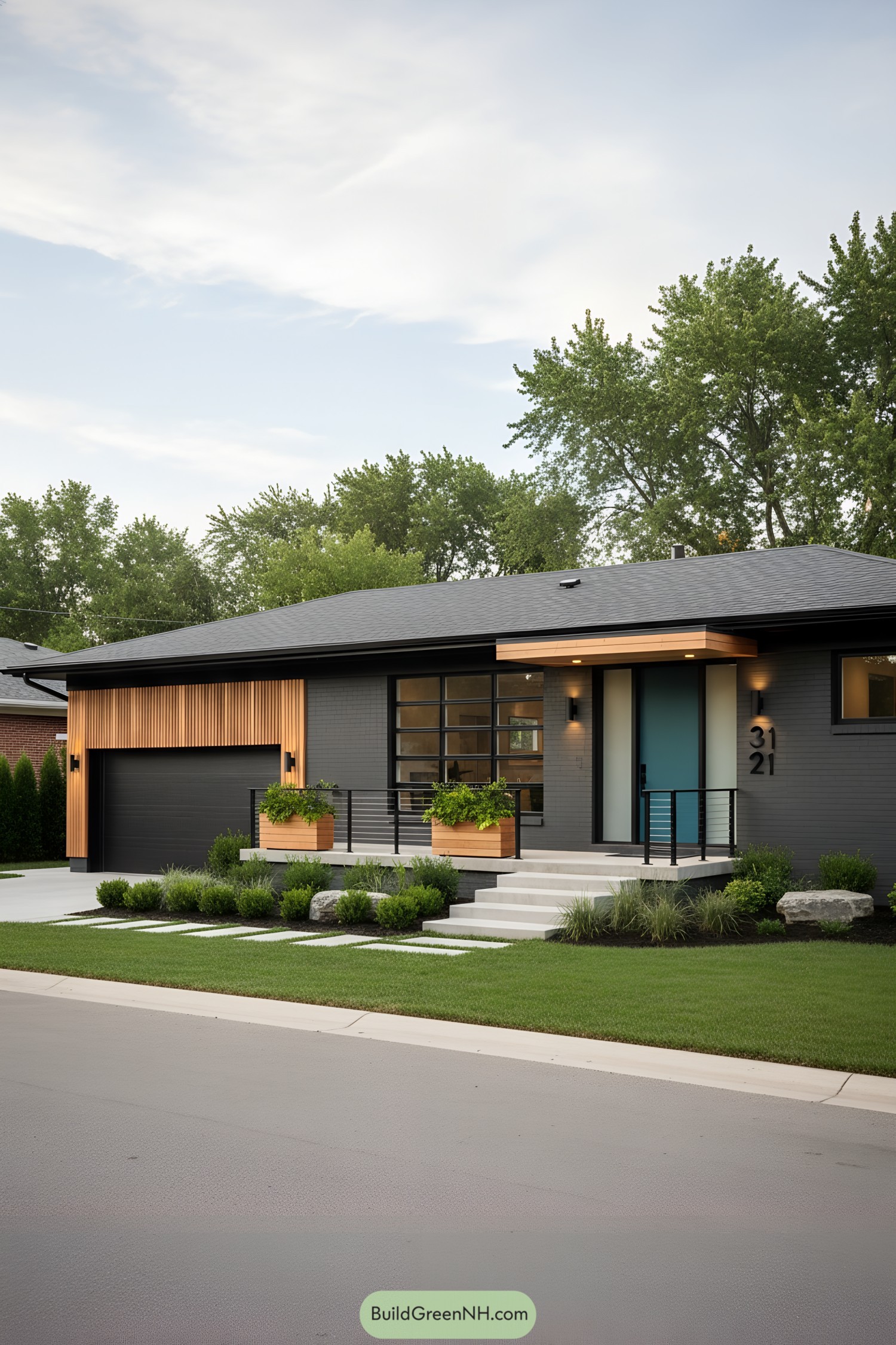 Modern charcoal-painted ranch with teal door and warm wood accents