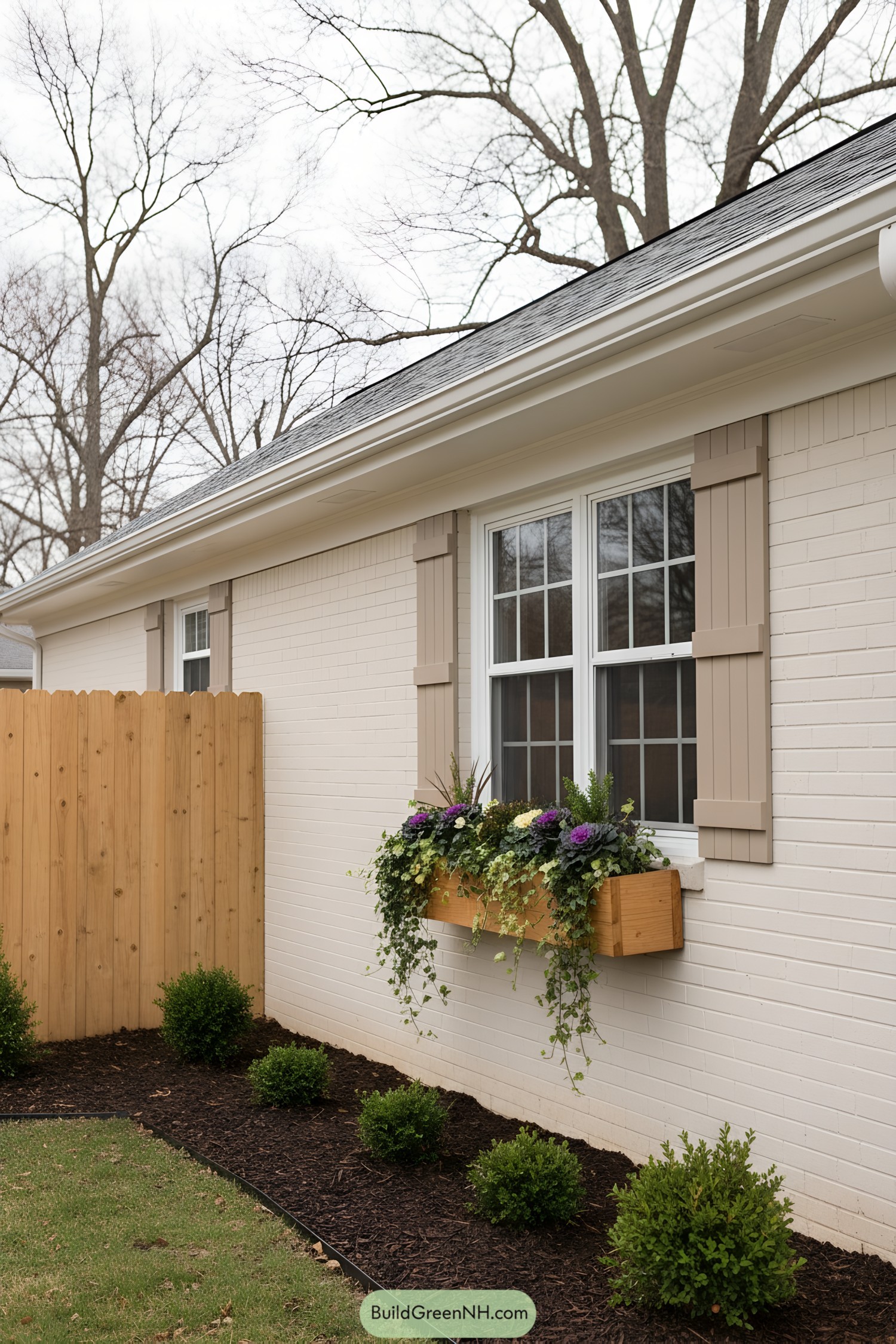 Cream-painted brick ranch with tan shutters and a cedar window box planted with cascading greenery