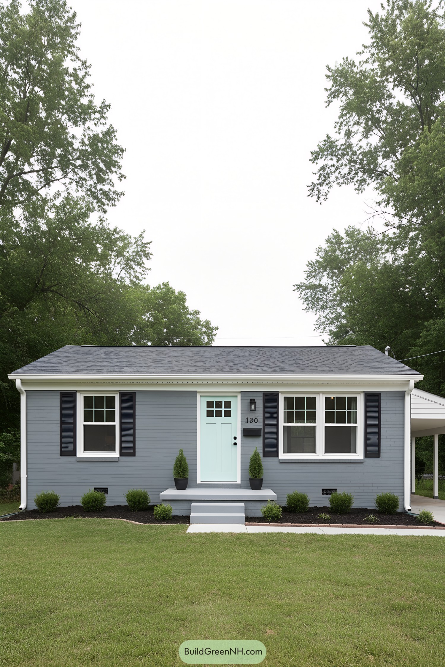 Gray-painted brick ranch with mint door and black shutters