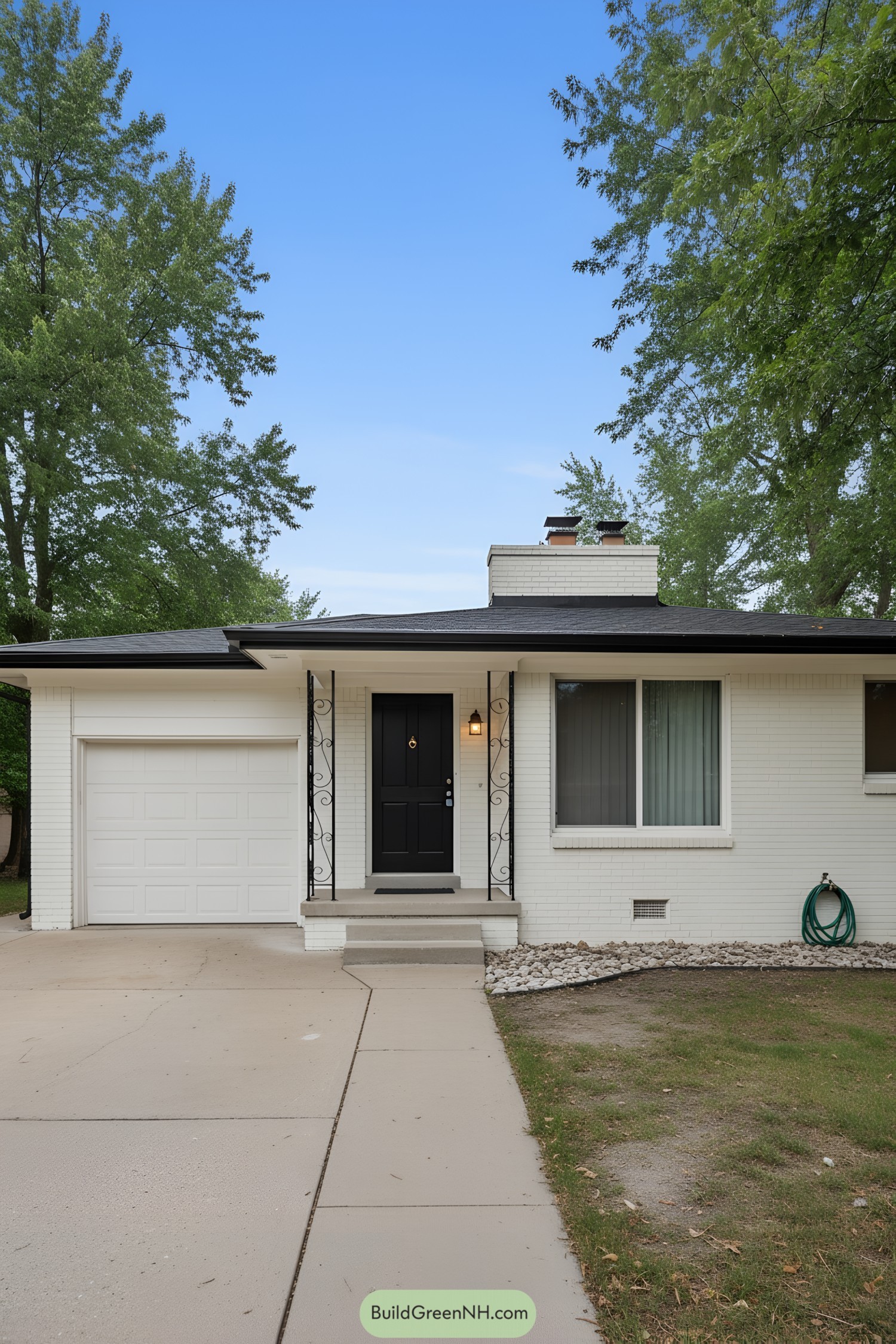 White-painted brick ranch with black door and trim