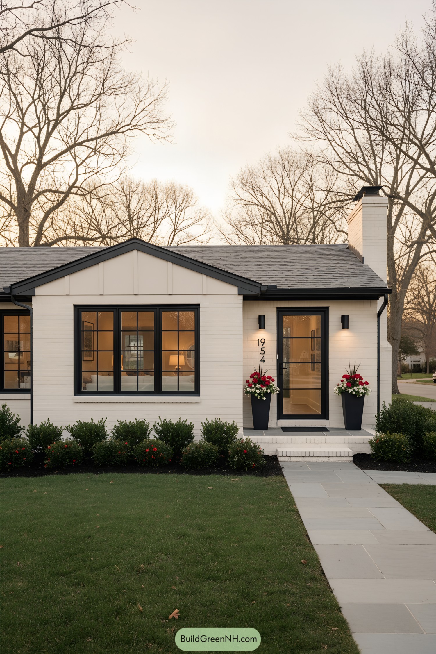Cream brick ranch with black trim and planters