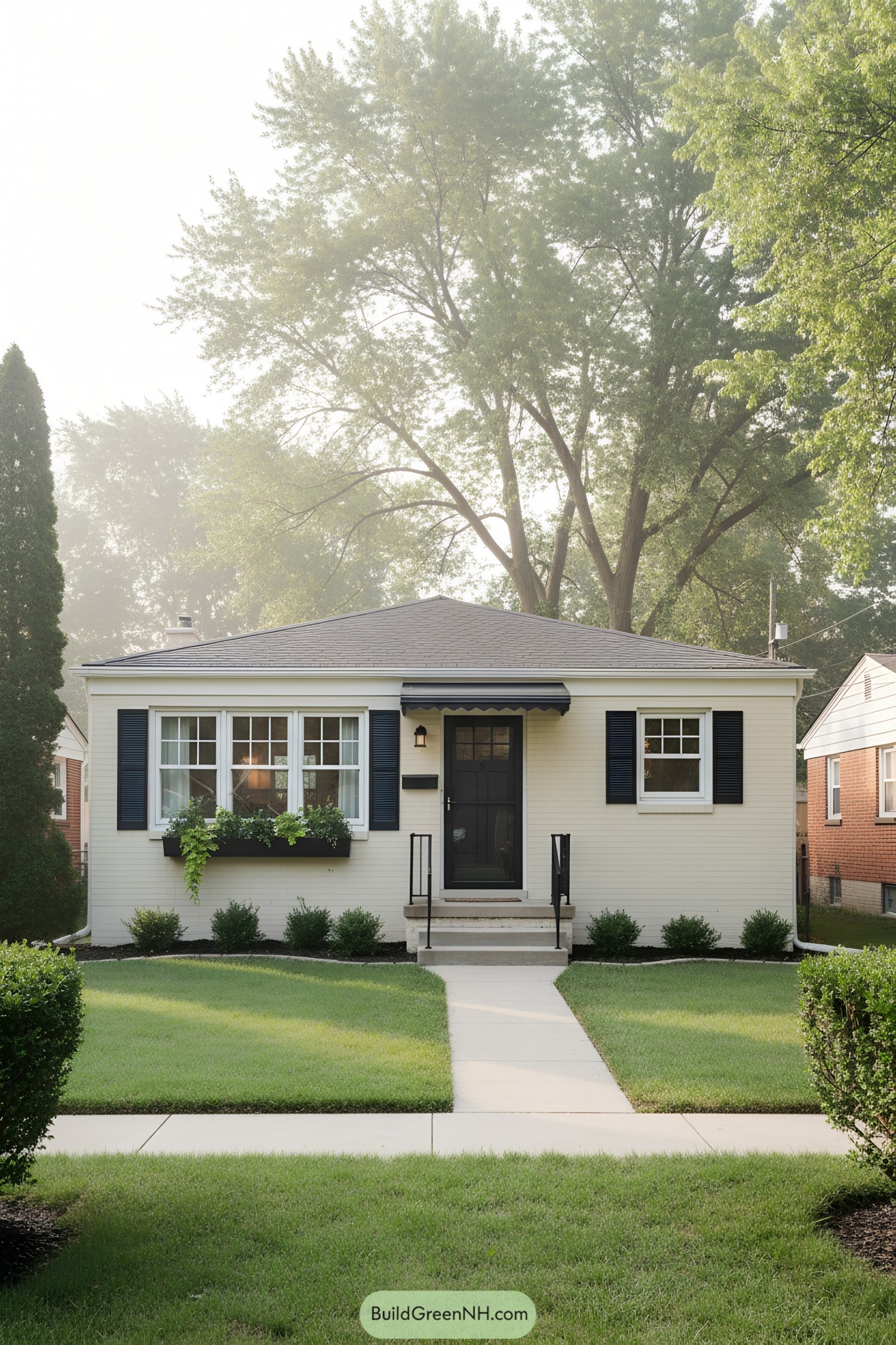 Small cream-painted brick ranch with black shutters and awning