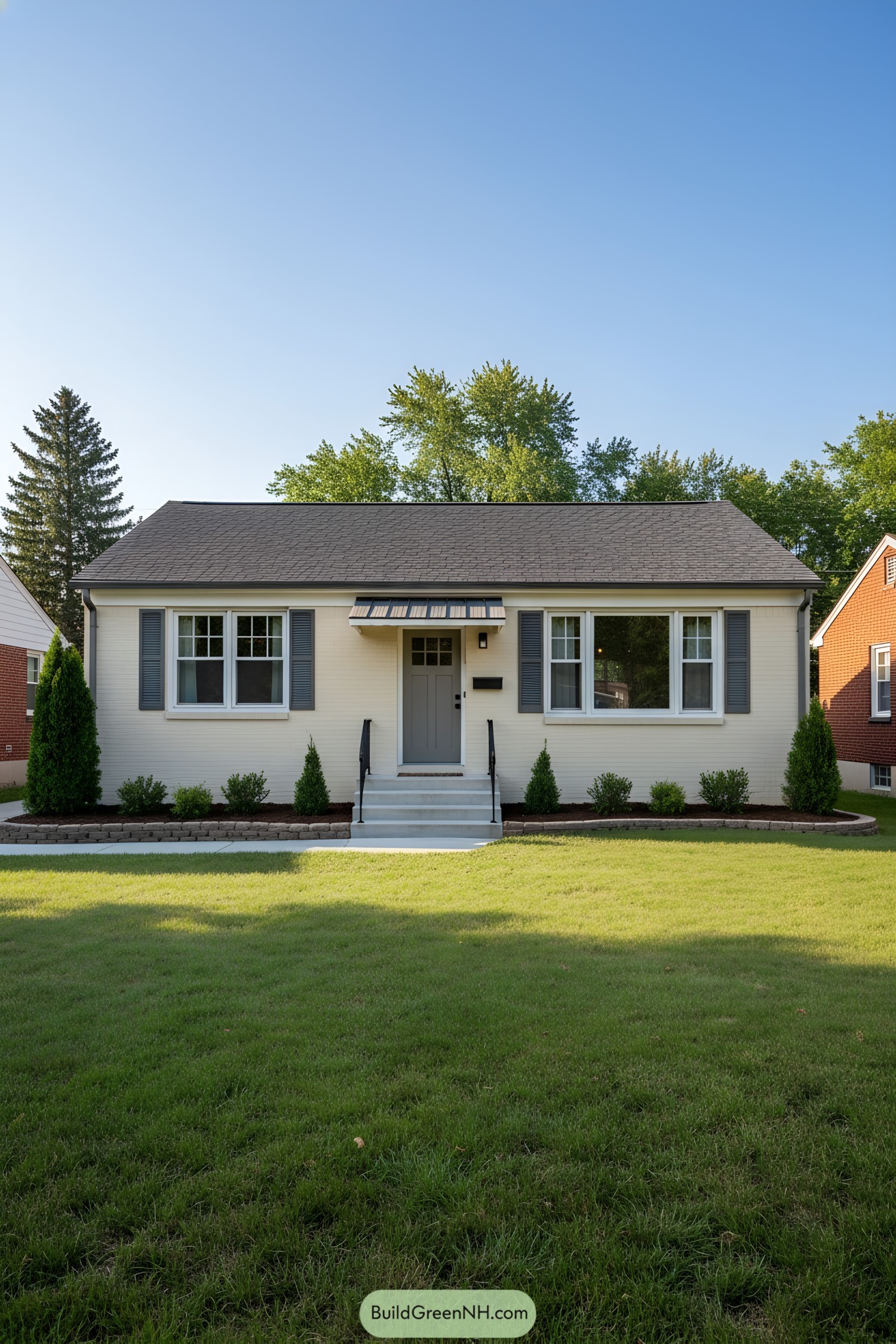 Cream brick ranch with gray door and shutters