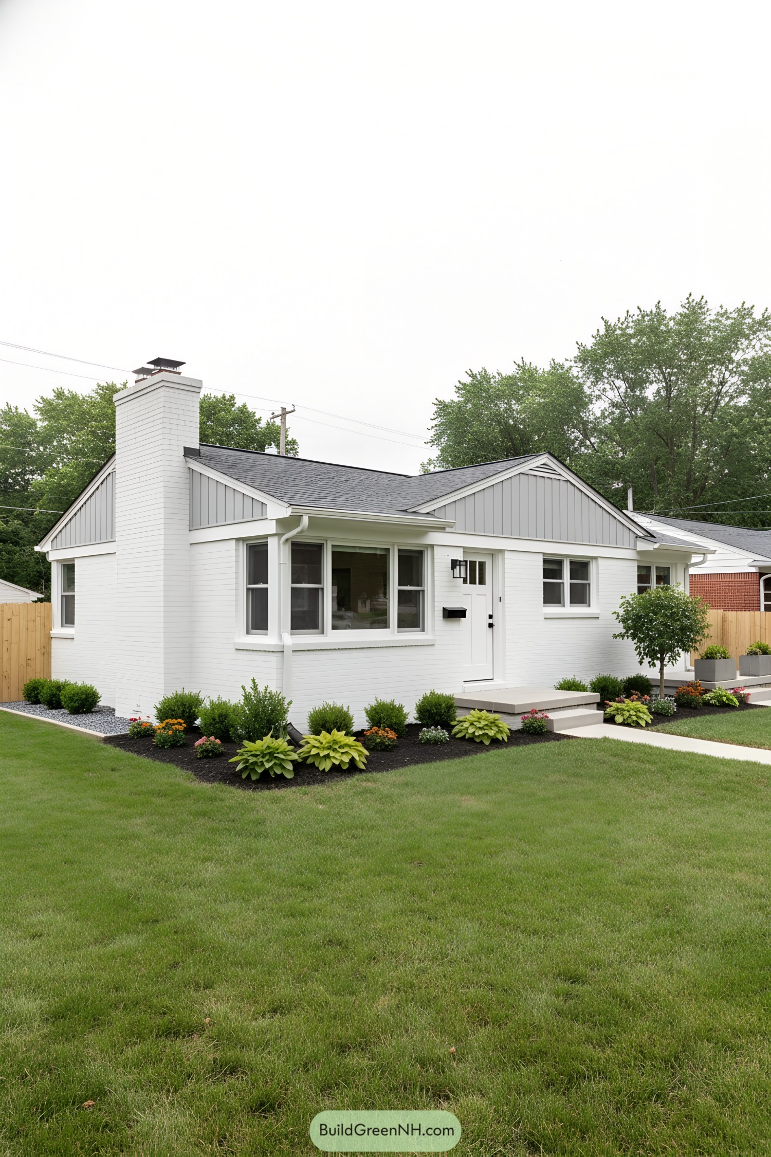 White brick ranch with gray gables and tidy landscaping