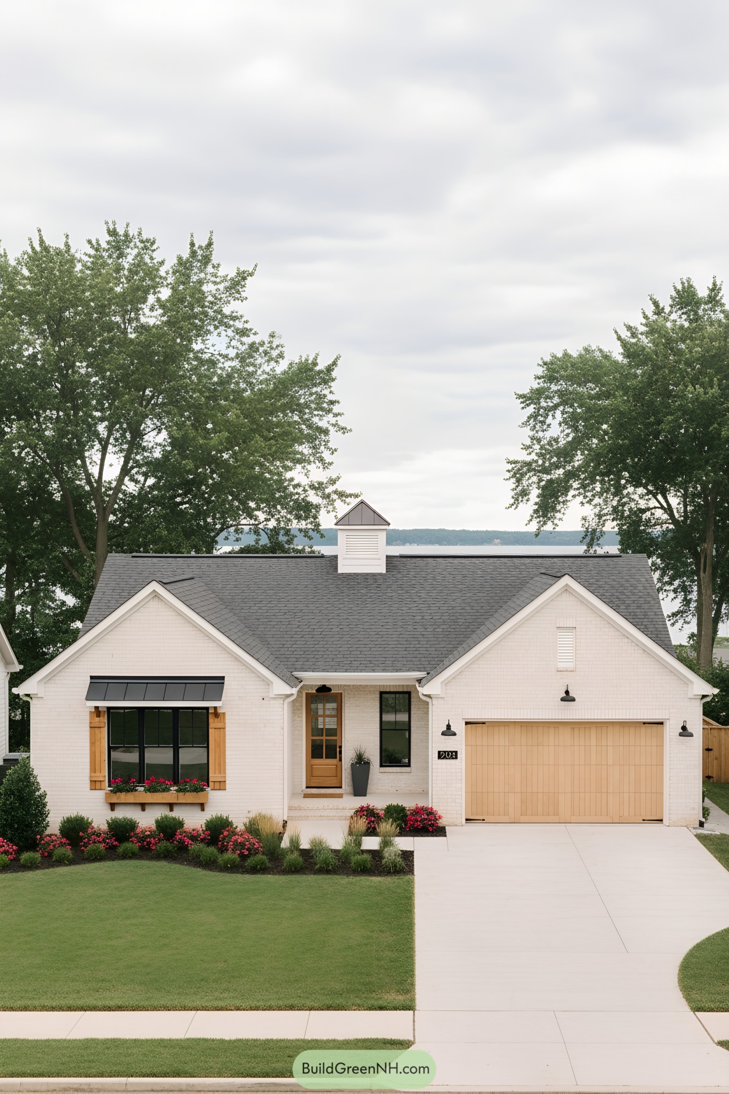 Creamy brick ranch with cedar accents, black window trim, and a light wood garage door