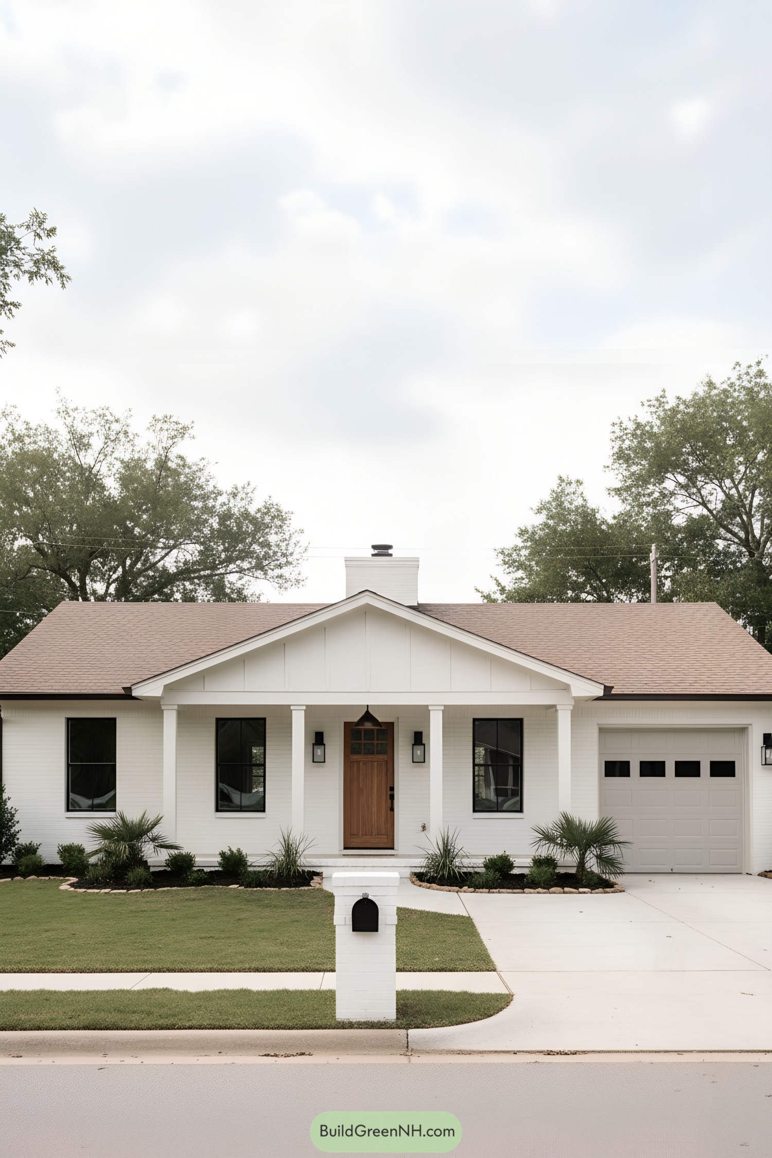 White brick ranch with tan roof and wood door