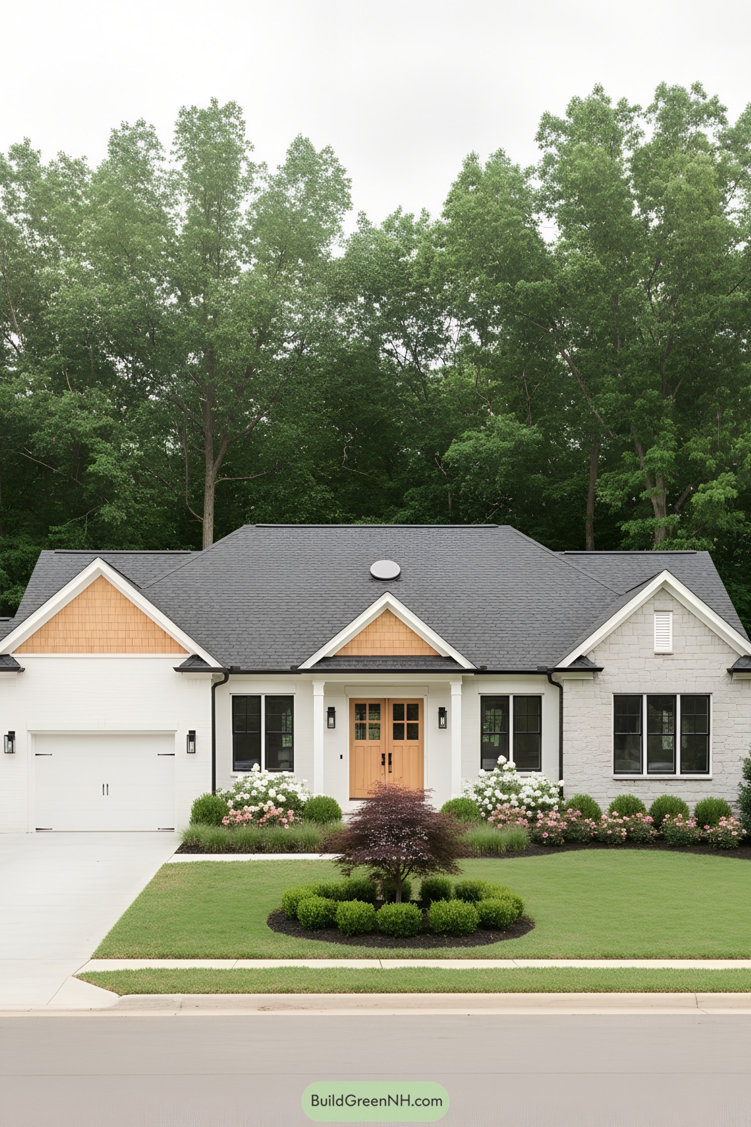 White painted ranch with cedar gable accents, black windows, and a natural wood double door