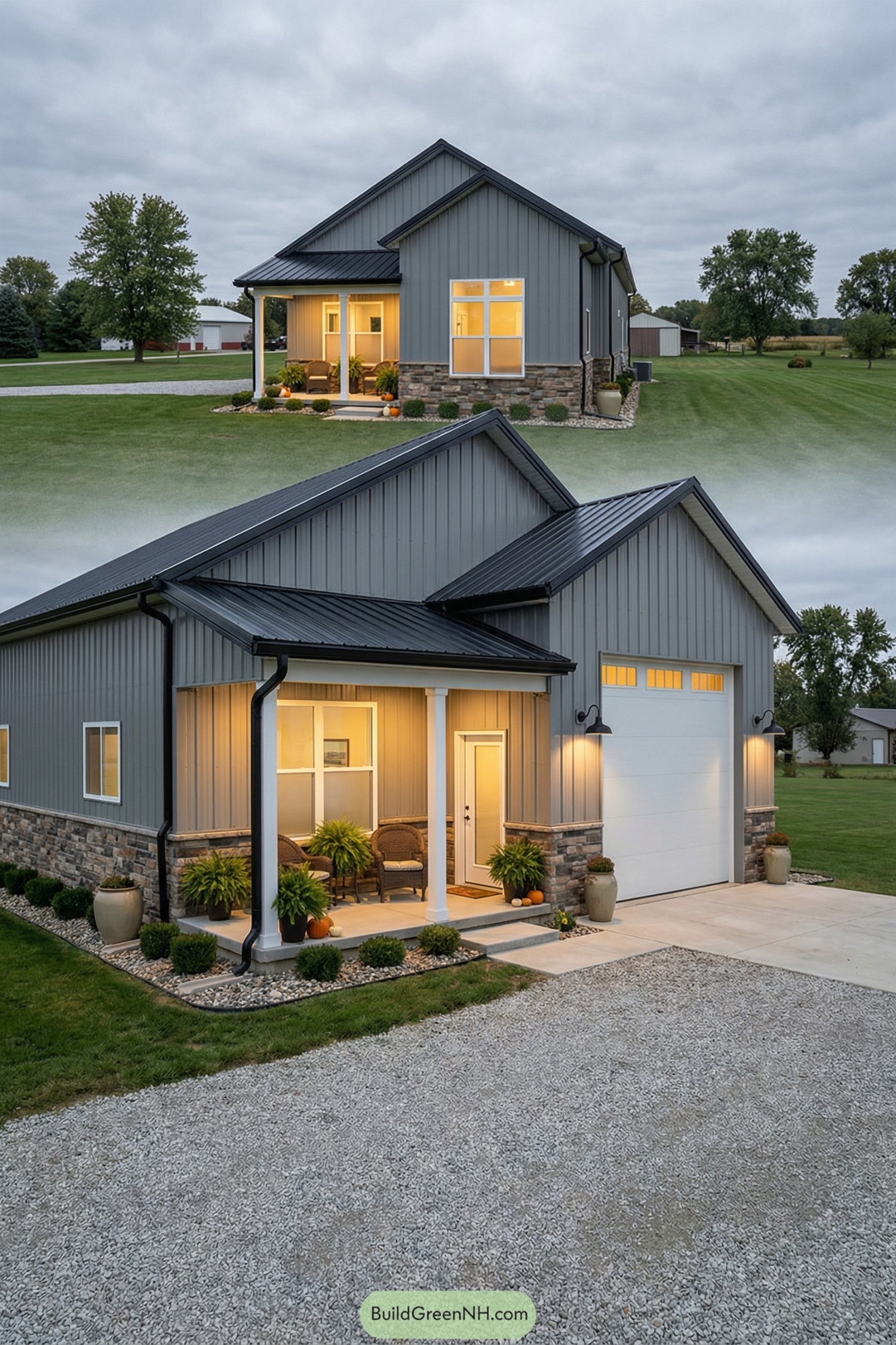 Gray metal-clad barn home with lit porch and single tall garage door