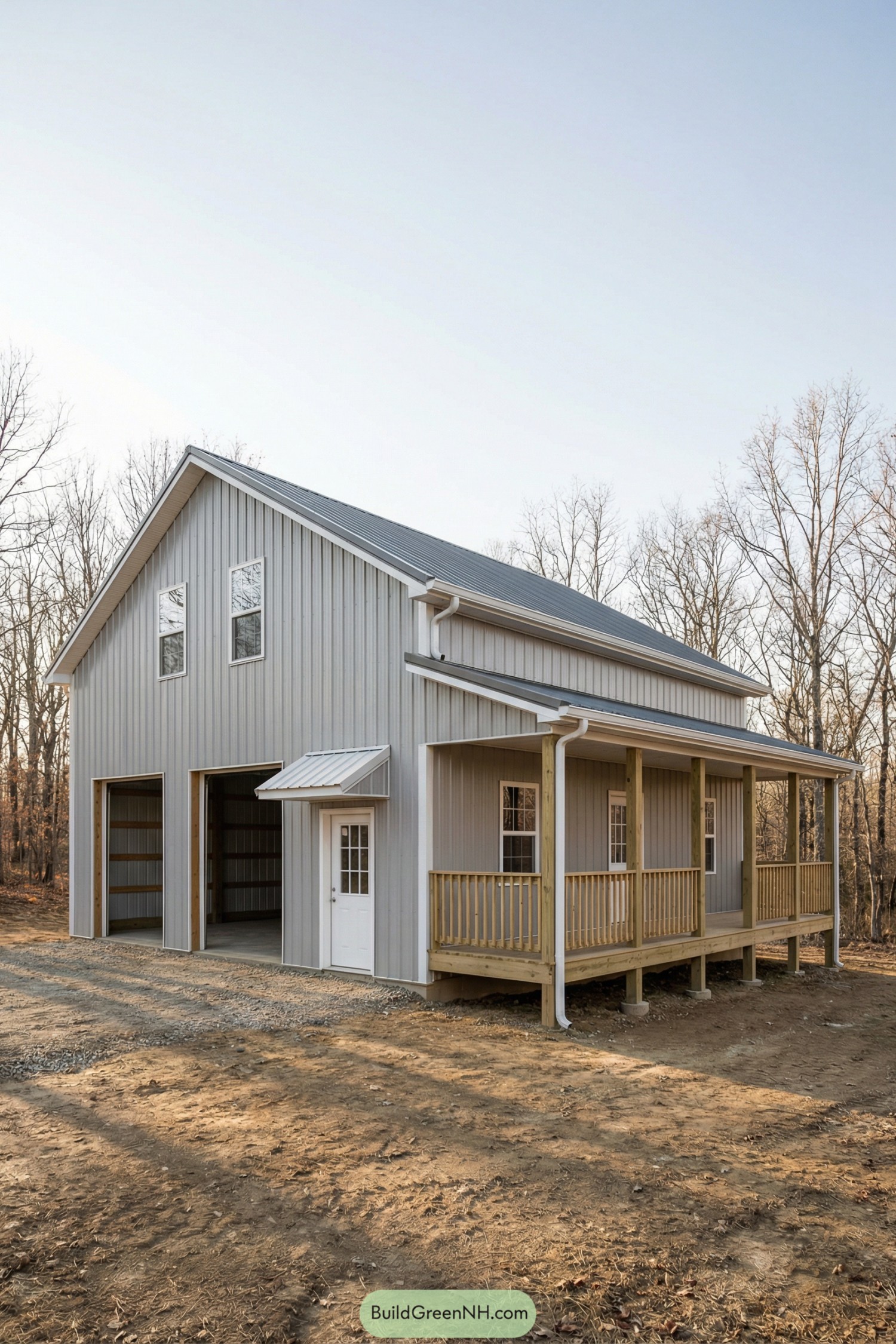 Light gray pole barn with twin garage bays and a wraparound porch