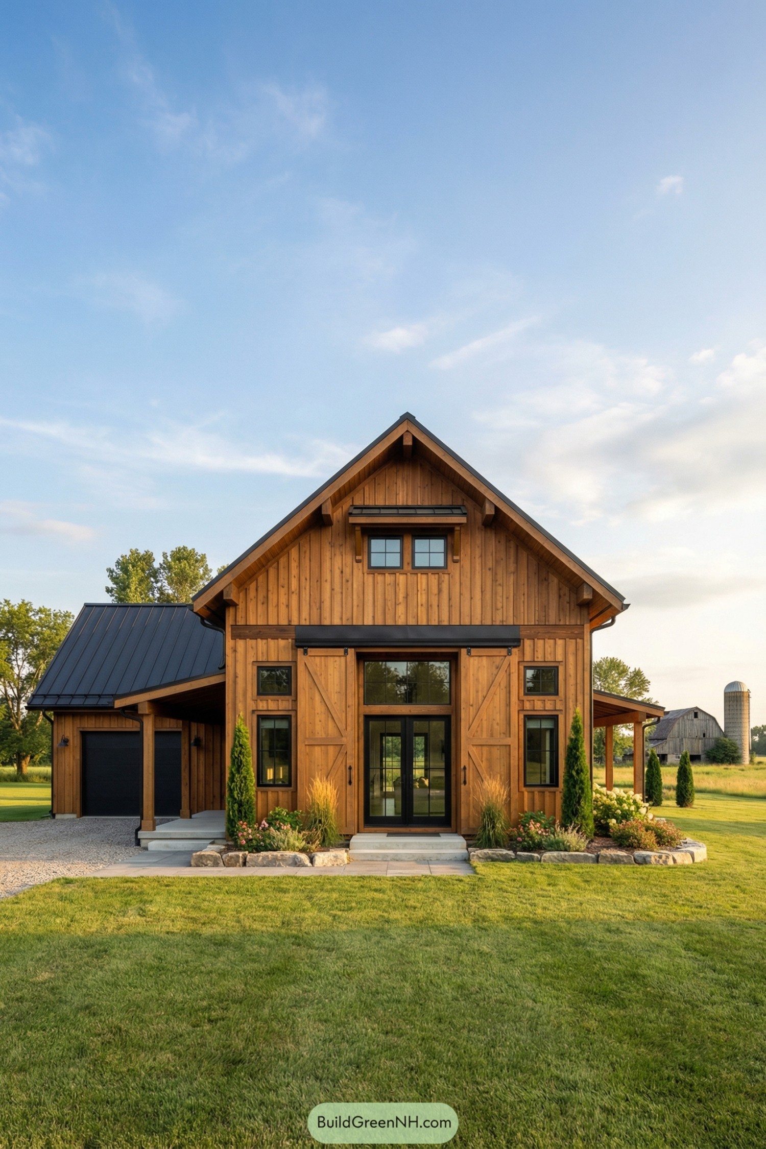 Cedar-clad pole barn house with black metal roof and attached side garage