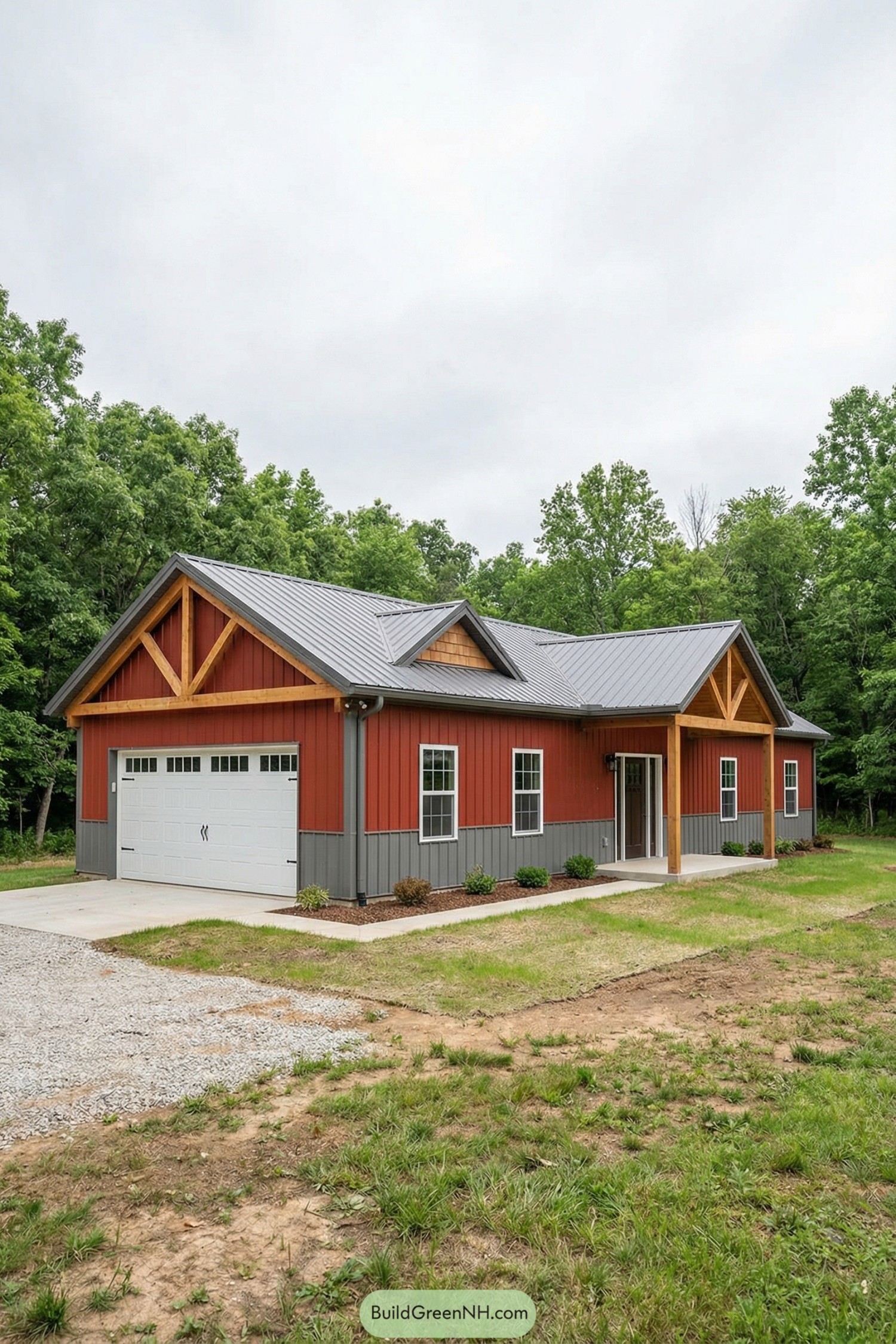 Red and gray pole barn house with attached garage
