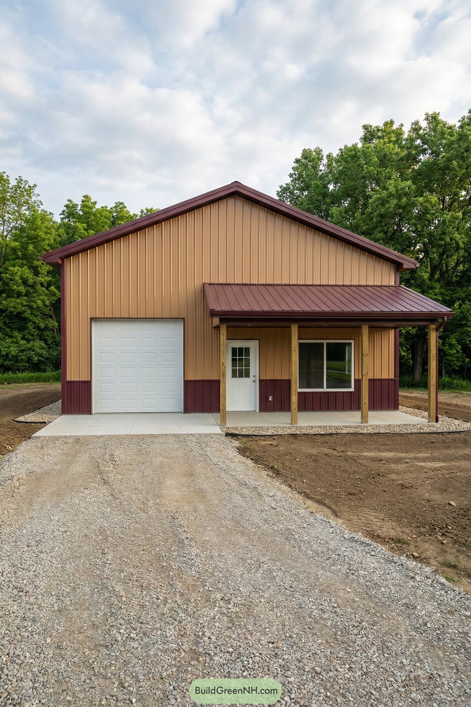 Small pole barn with tan and burgundy metal siding, a single white garage door, and a covered front porch