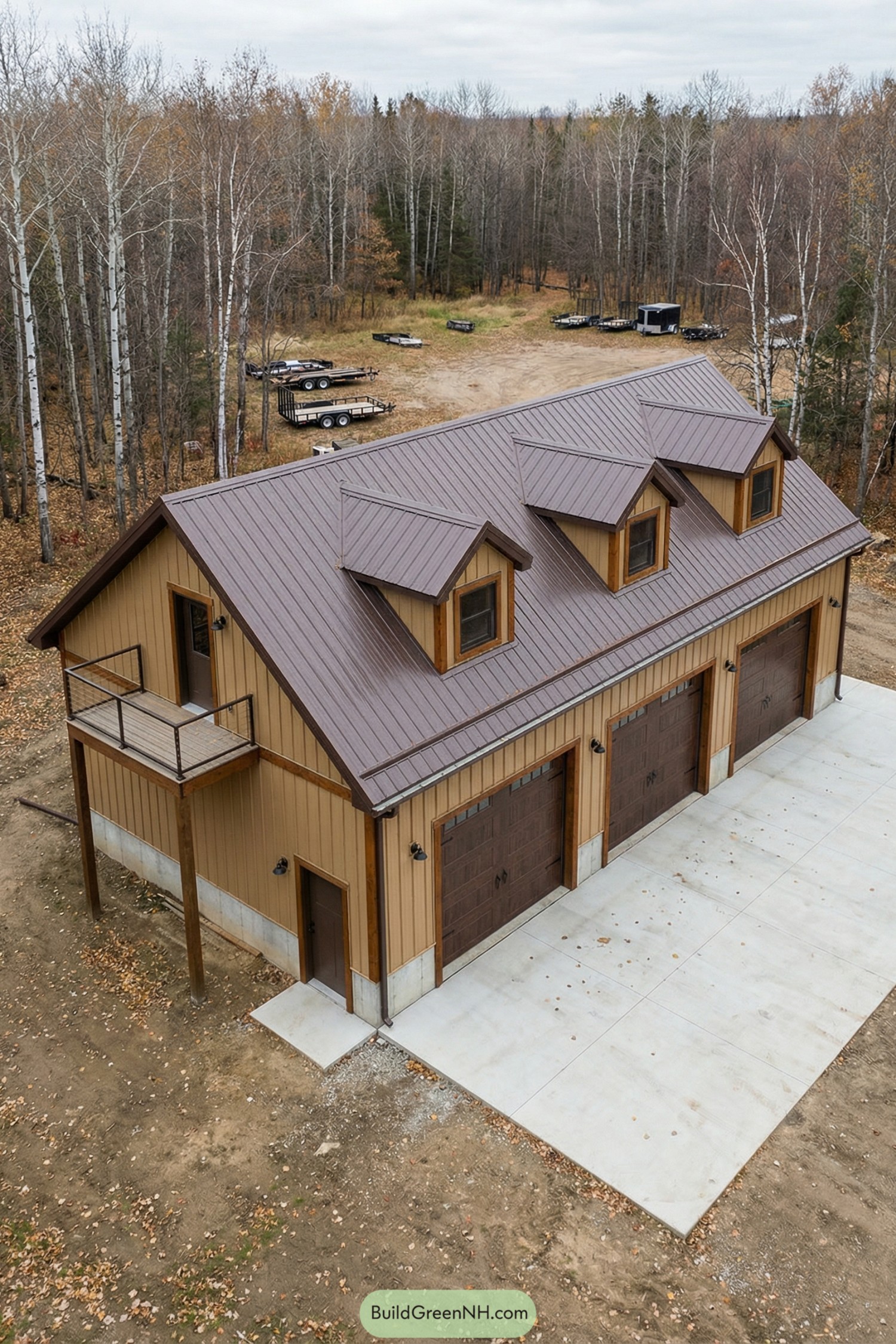 Three-dormer pole barn house with four garage bays and side balcony