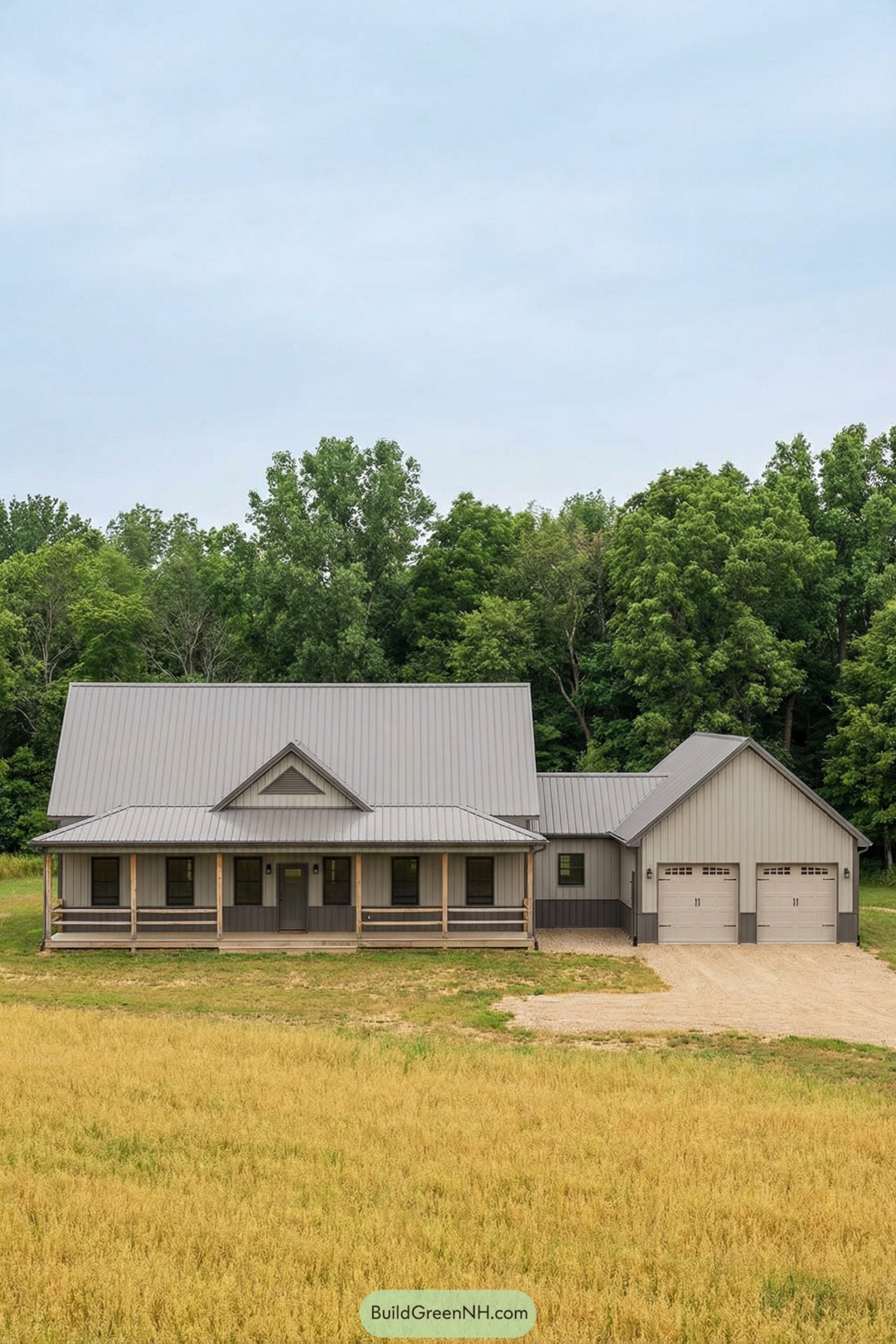 Gray pole barn house with front porch and attached two-car garage