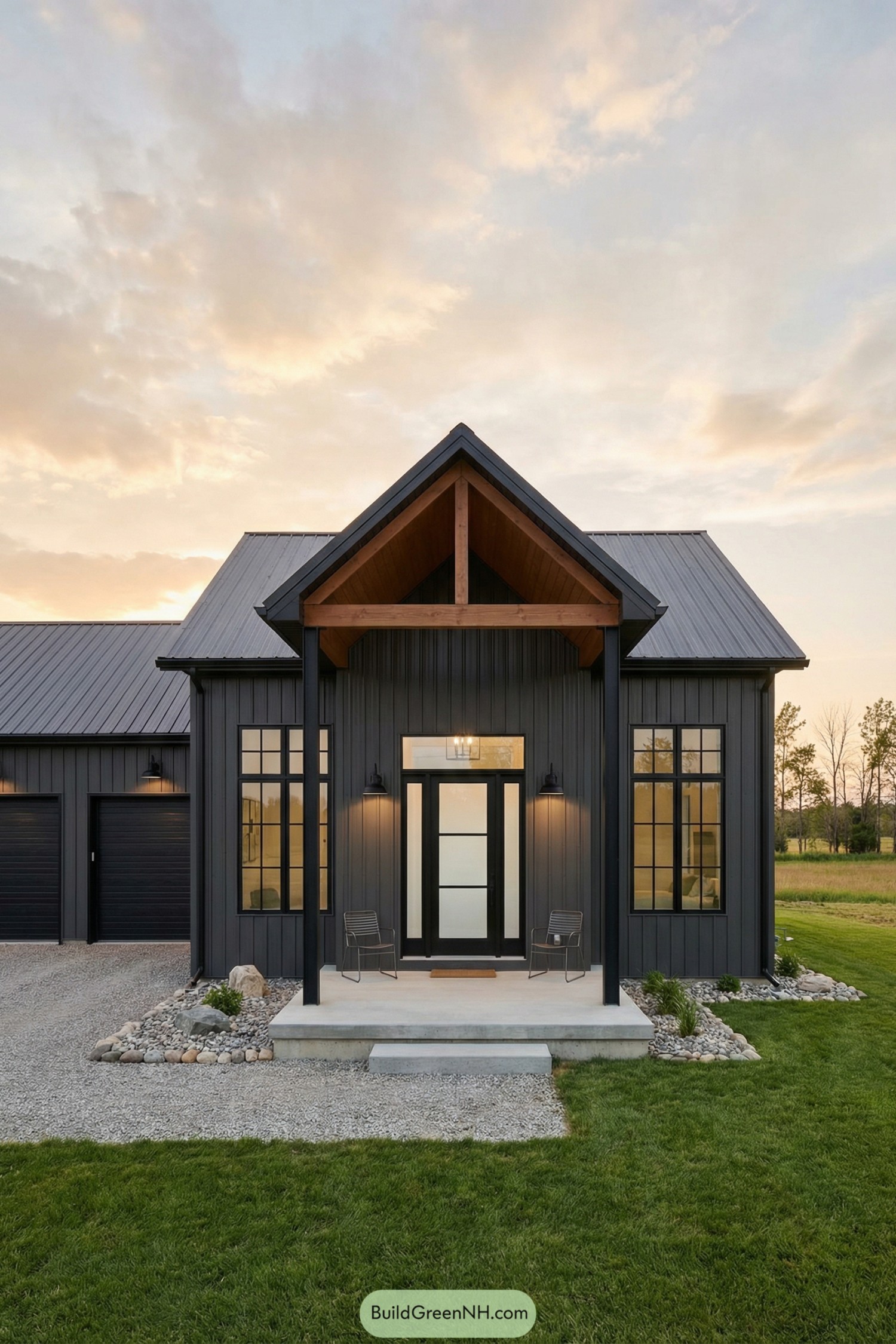 Dark metal barn home with gabled porch and side garage