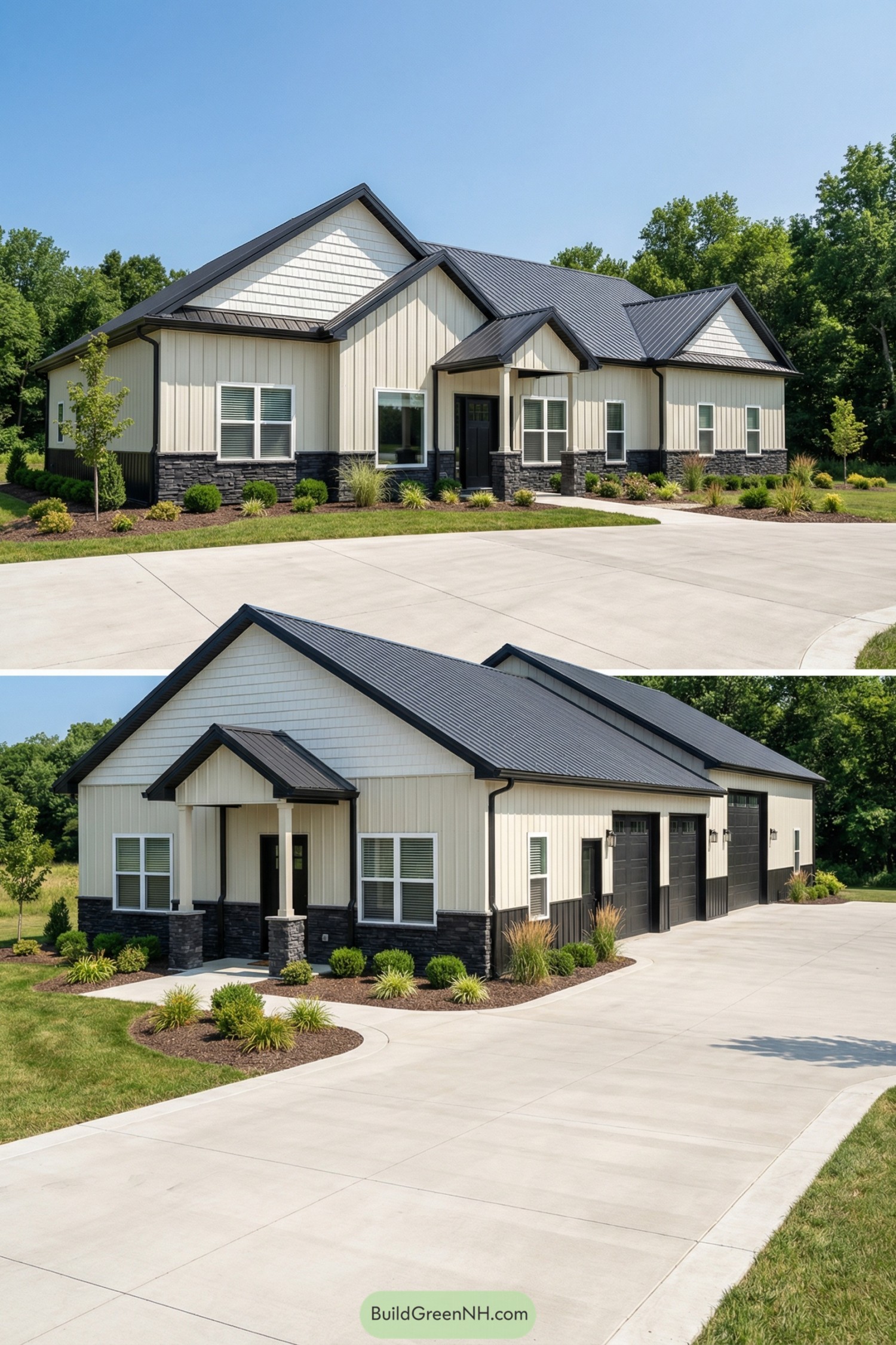 Cream steel barndominium with black trim and multi-bay garage along a wide concrete drive