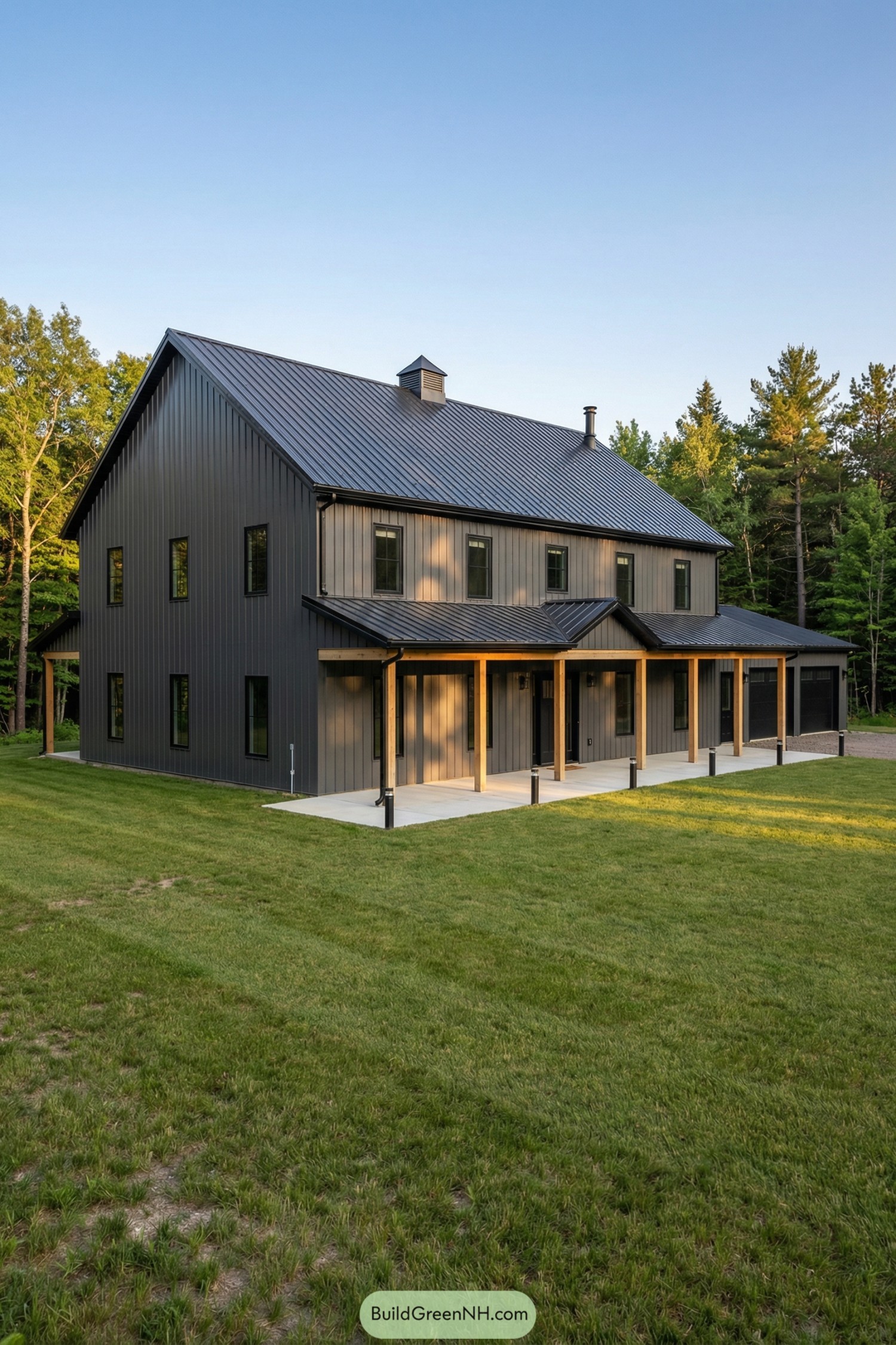 Dark metal-clad barn home with porch and attached garage