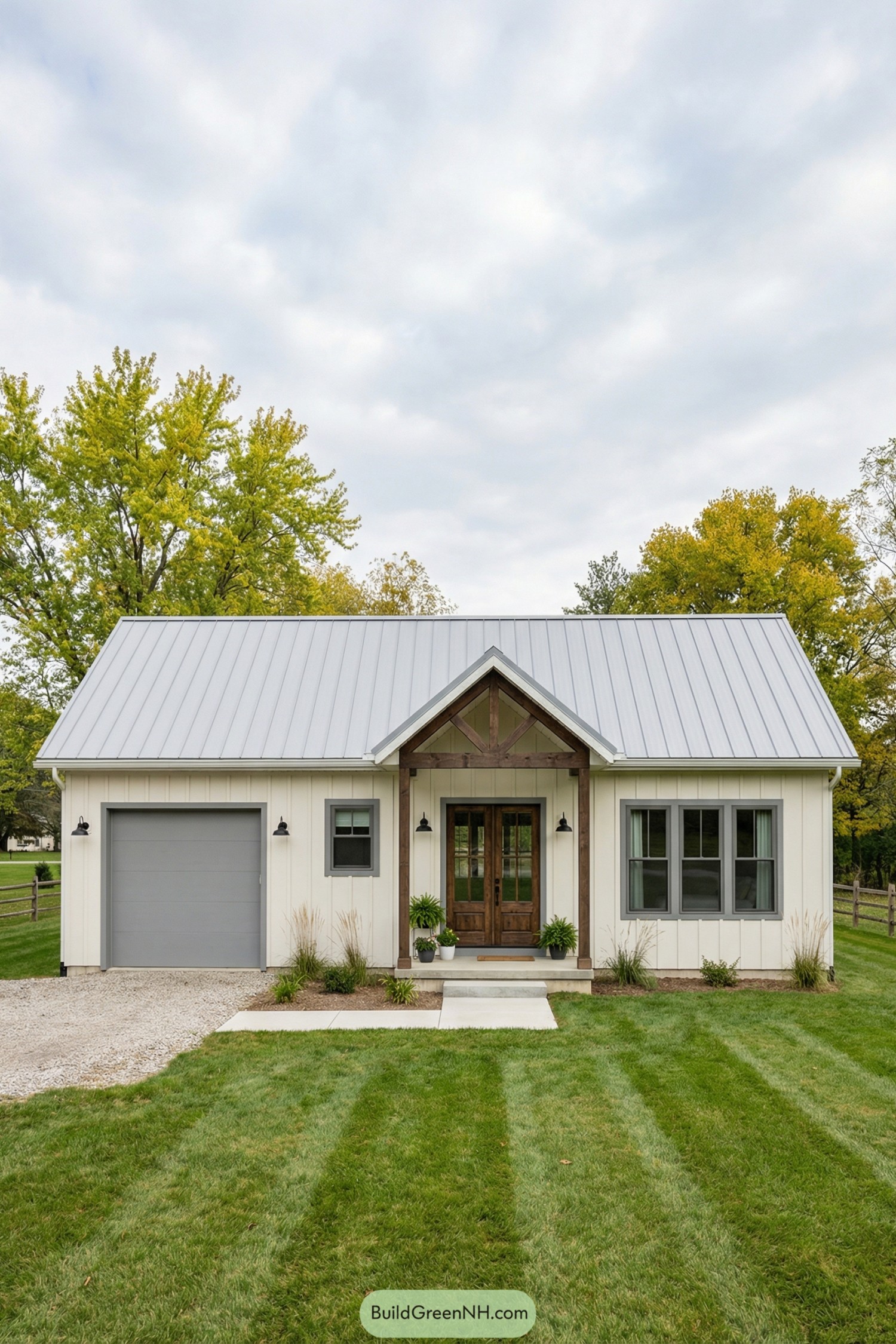 White board-and-batten barn home with gray metal roof and single garage