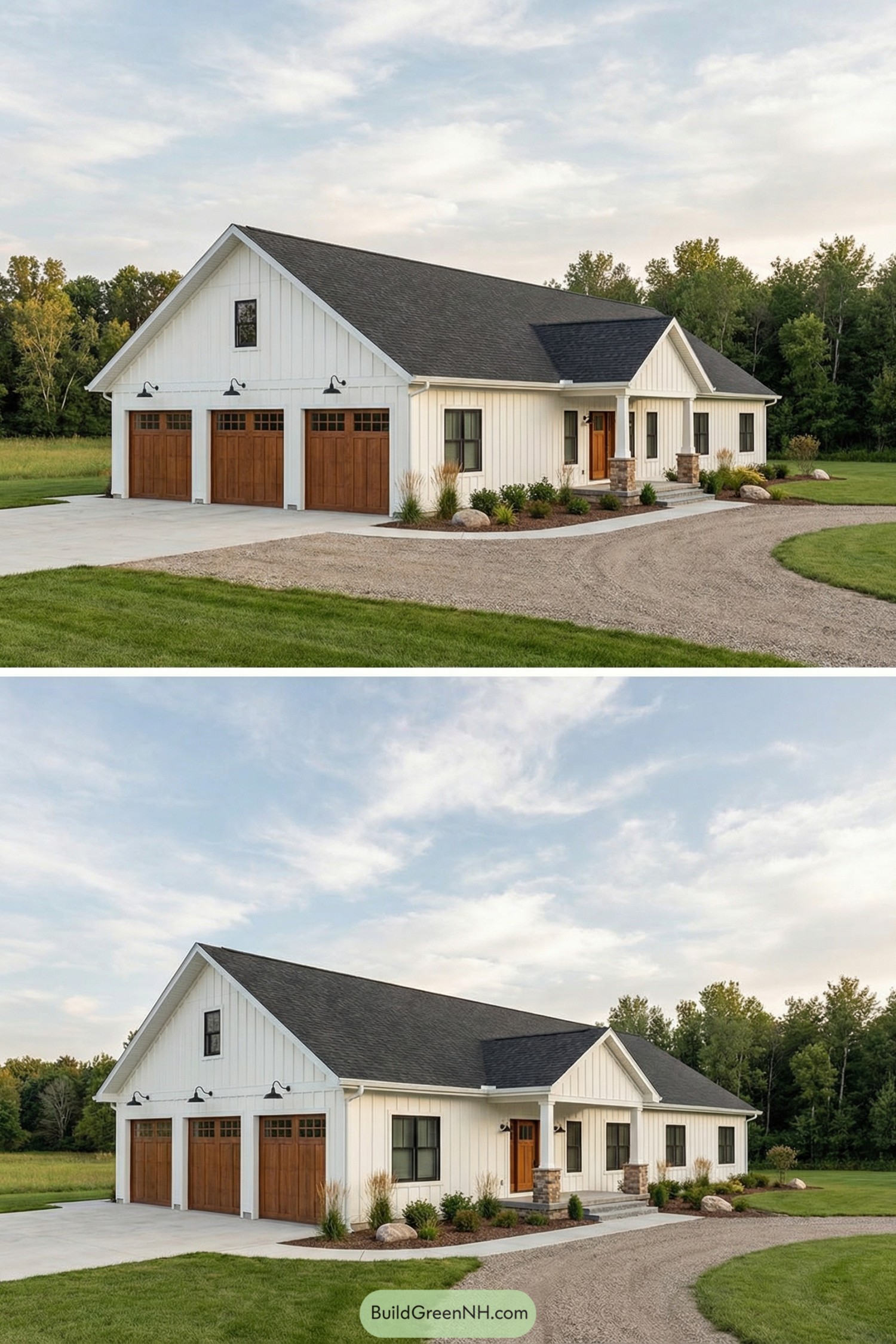 White board-and-batten barn home with three wood garage doors and a covered porch