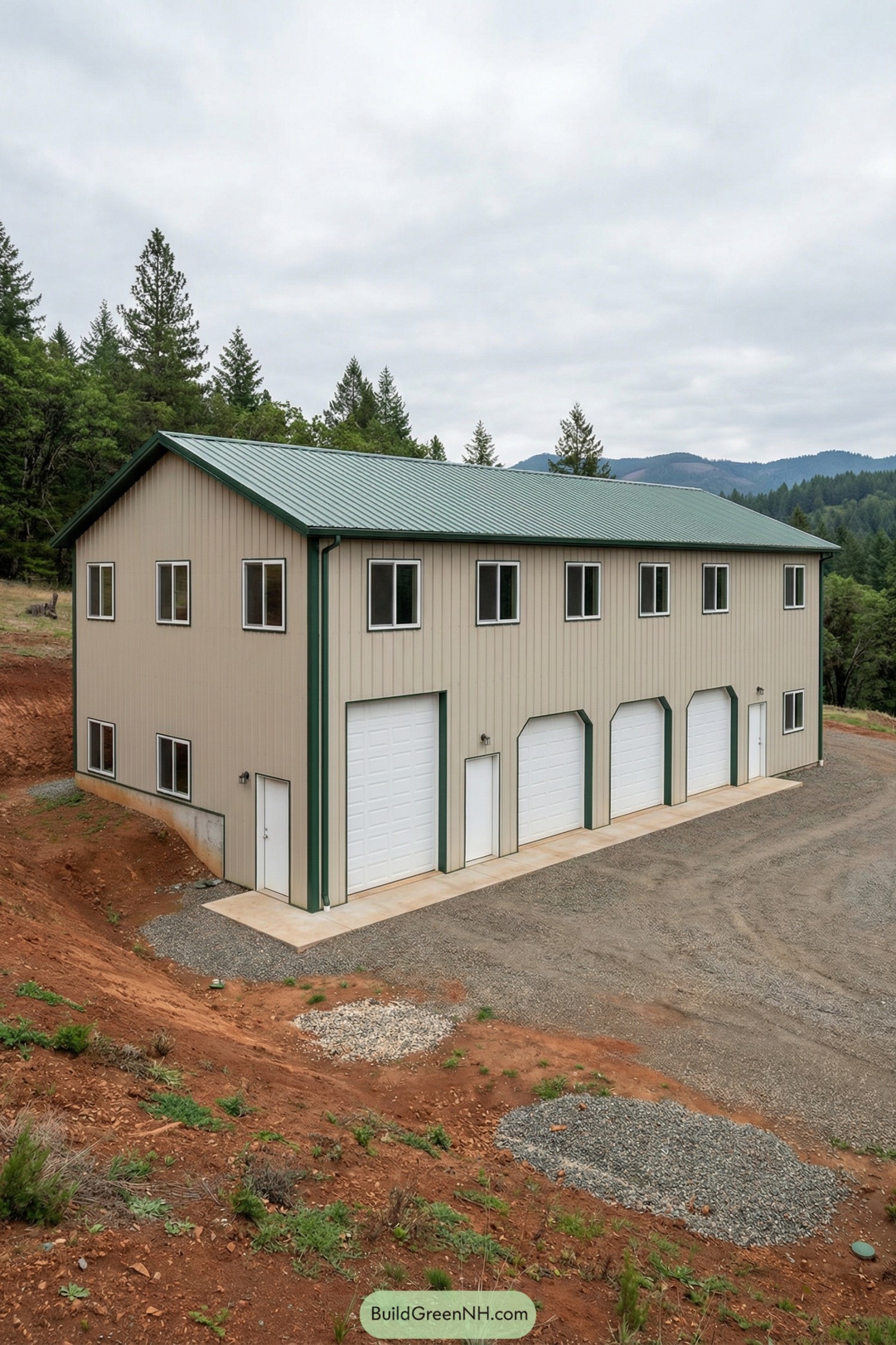 Two-story metal barn with four garage bays