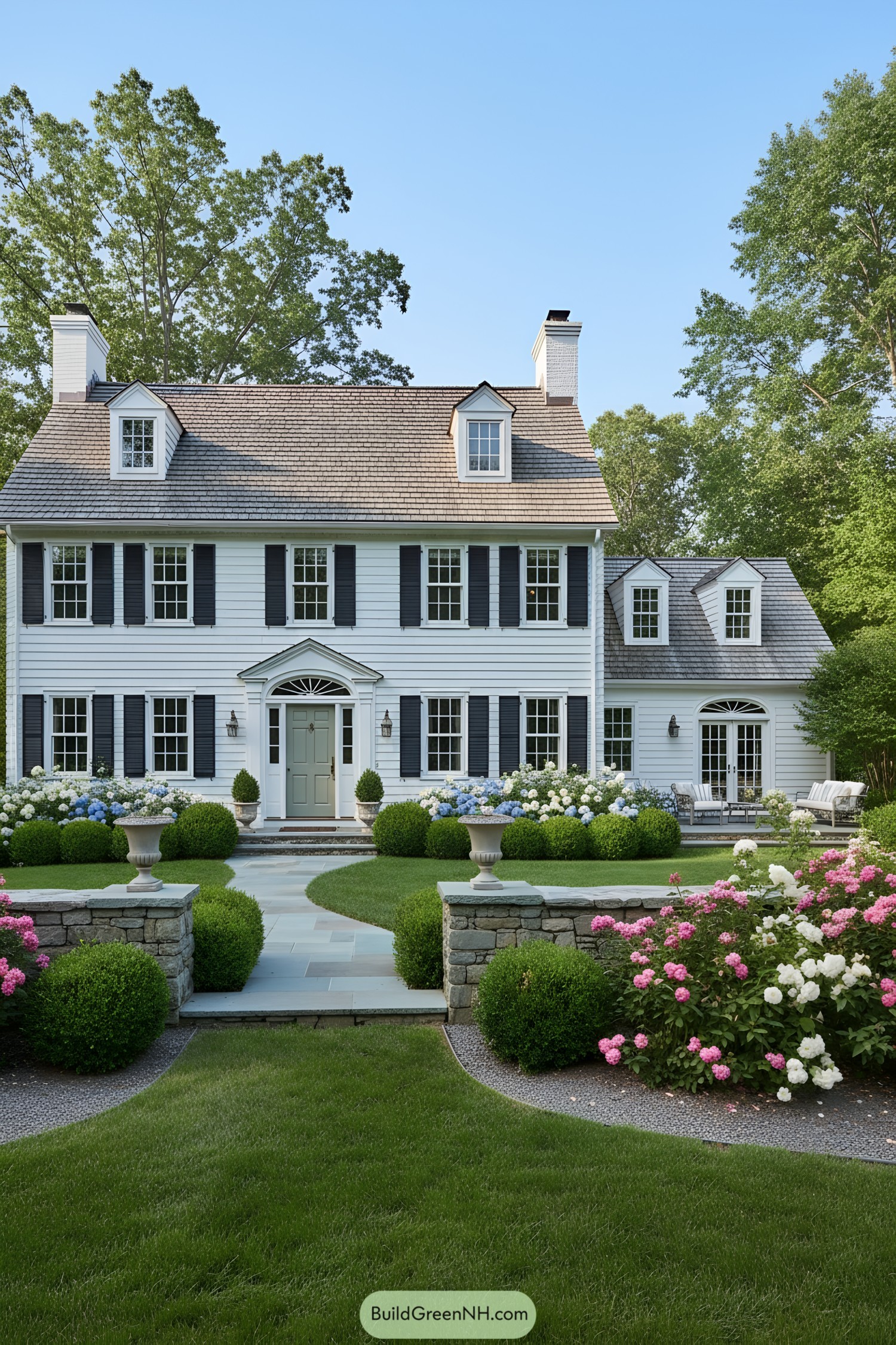 White clapboard colonial with dark shutters, dormers, and a manicured boxwood-and-hydrangea garden