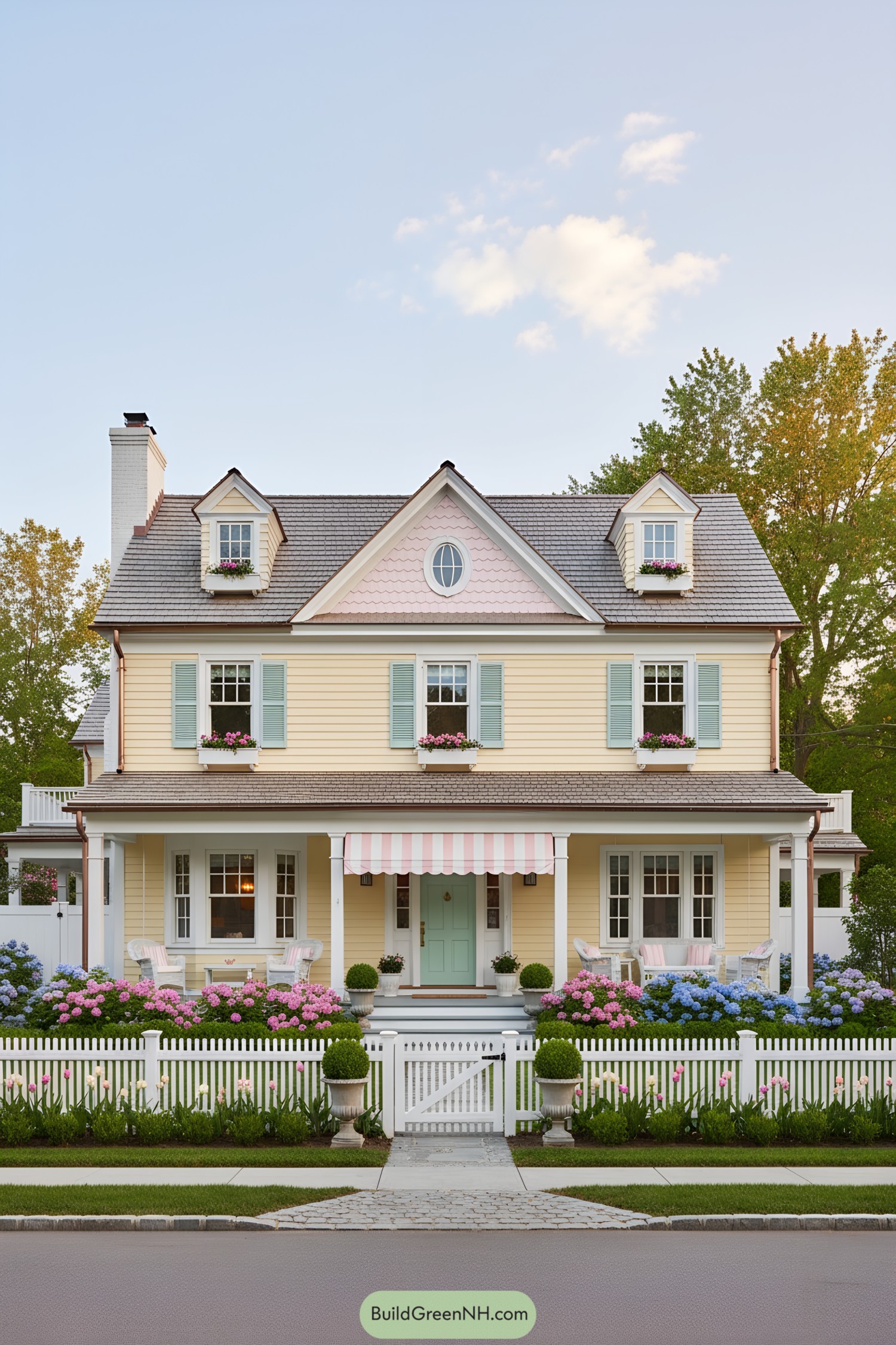 Yellow clapboard colonial with mint shutters, pink scalloped gable, striped porch awning, and flower boxes