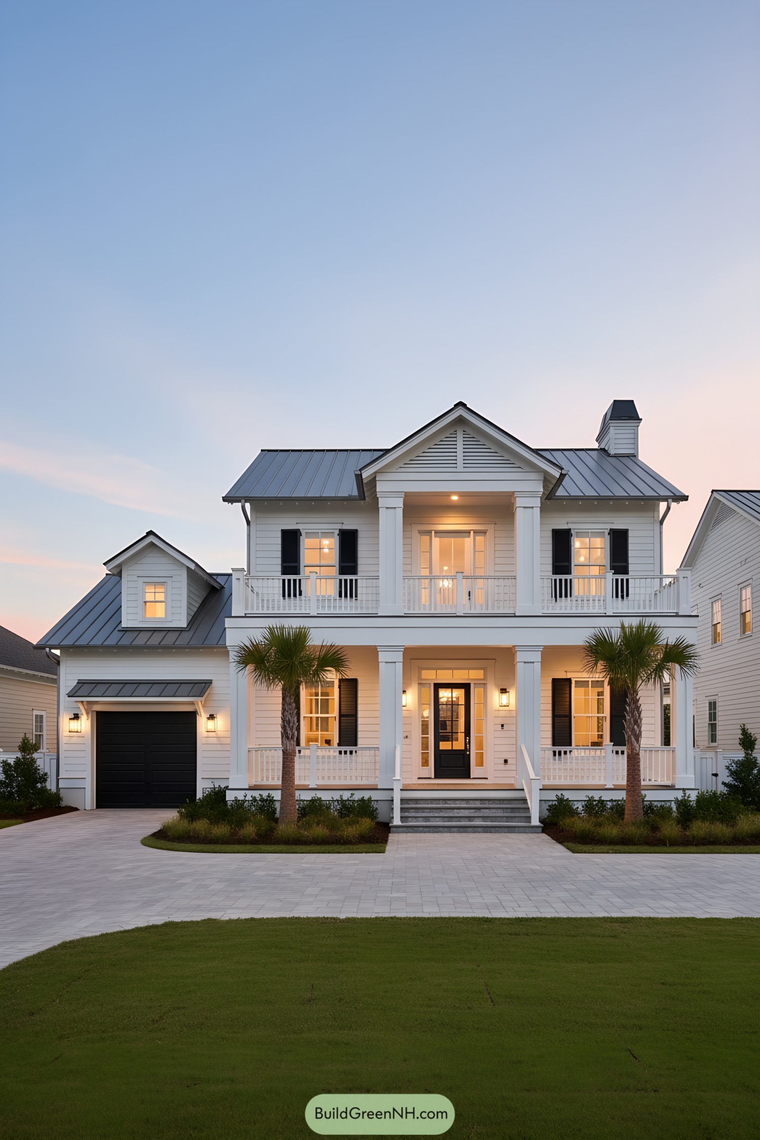 White two-story house with metal roof, double porches, and black shutters