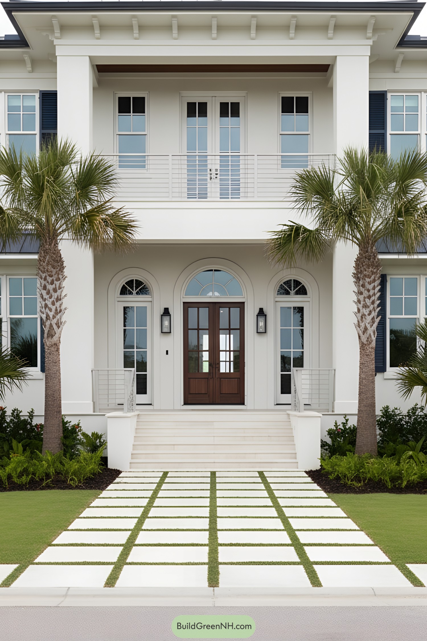 White coastal manor with palms and grid walkway leading to arched entry
