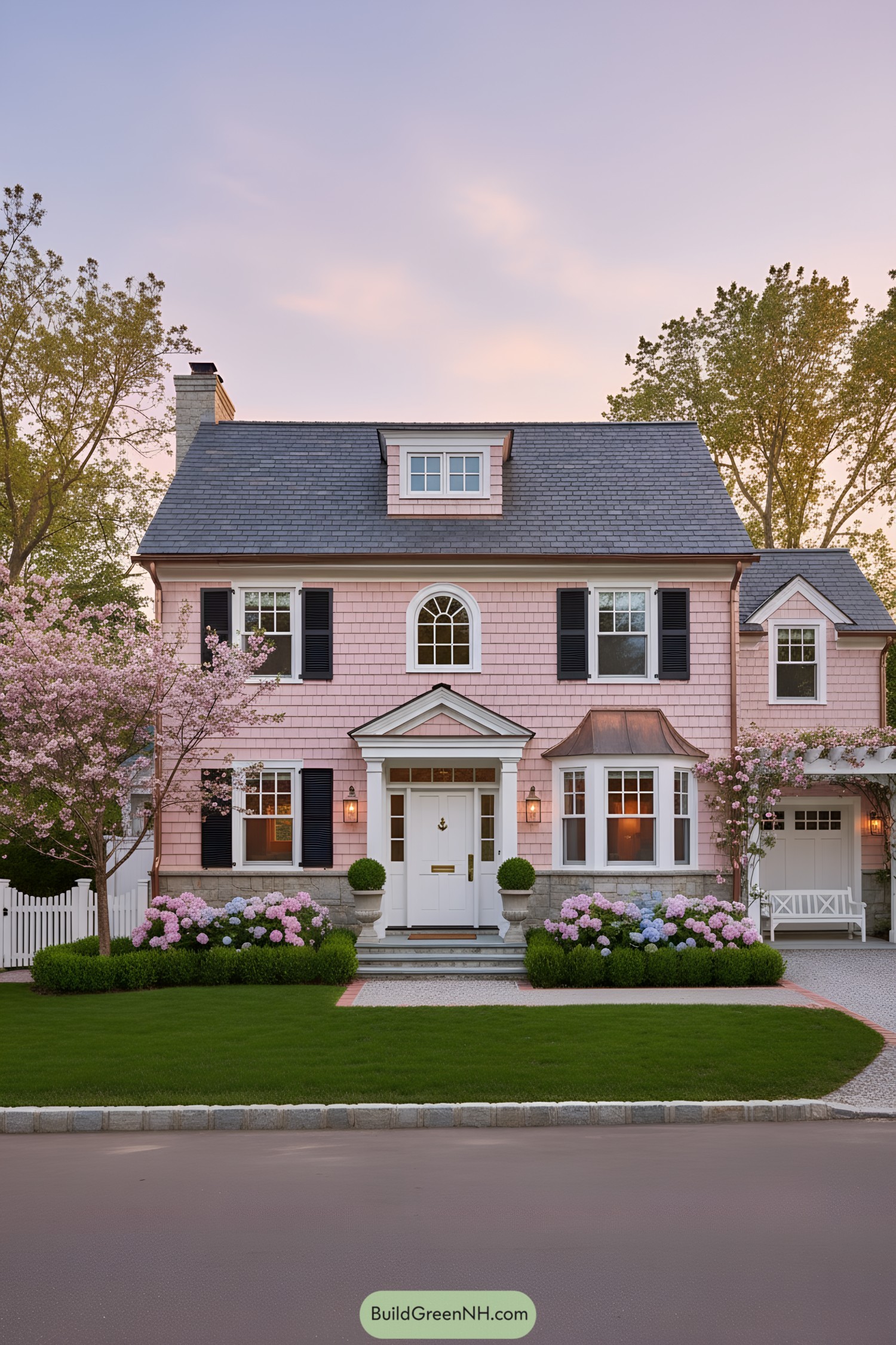 Pink-shingled colonial with black shutters and copper bay window, formal portico, and manicured hydrangeas